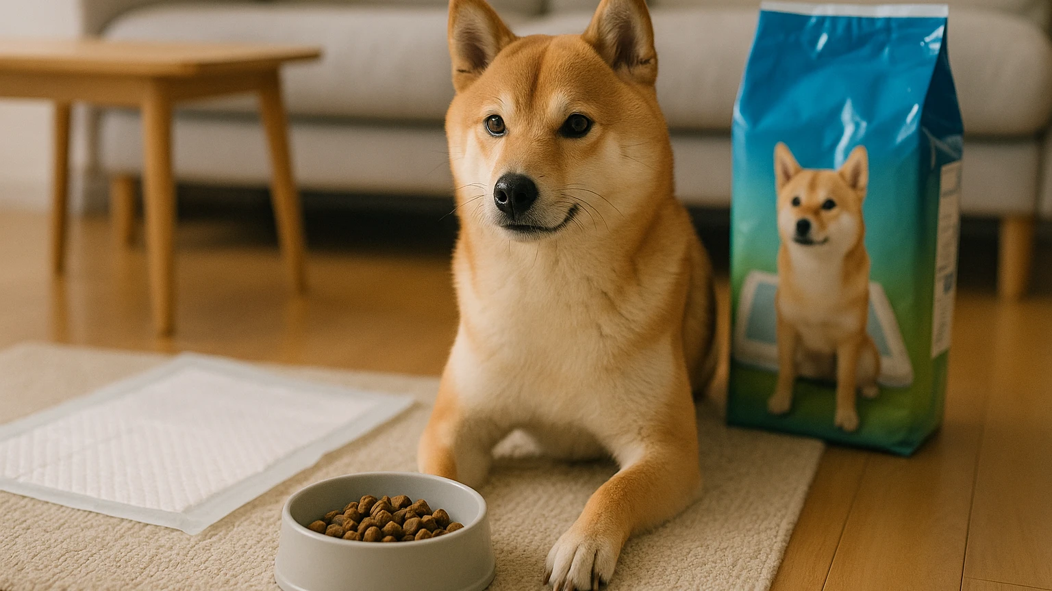 ユニチャームのペット用品は柴犬に最適な選択肢ですに合わせたアイキャッチ。柴犬とペット用品の利用シーンを表現。 要点：ユニチャームのペット用品は柴犬に特化した商品