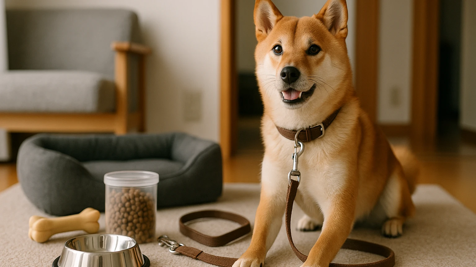 パーフェクトペット柴犬グッズを選ぶための全体像と手順に合わせたアイキャッチ。柴犬とペット用品の利用シーンを表現。 要点：柴犬に必要なグッズを選ぶ際には、基本的な