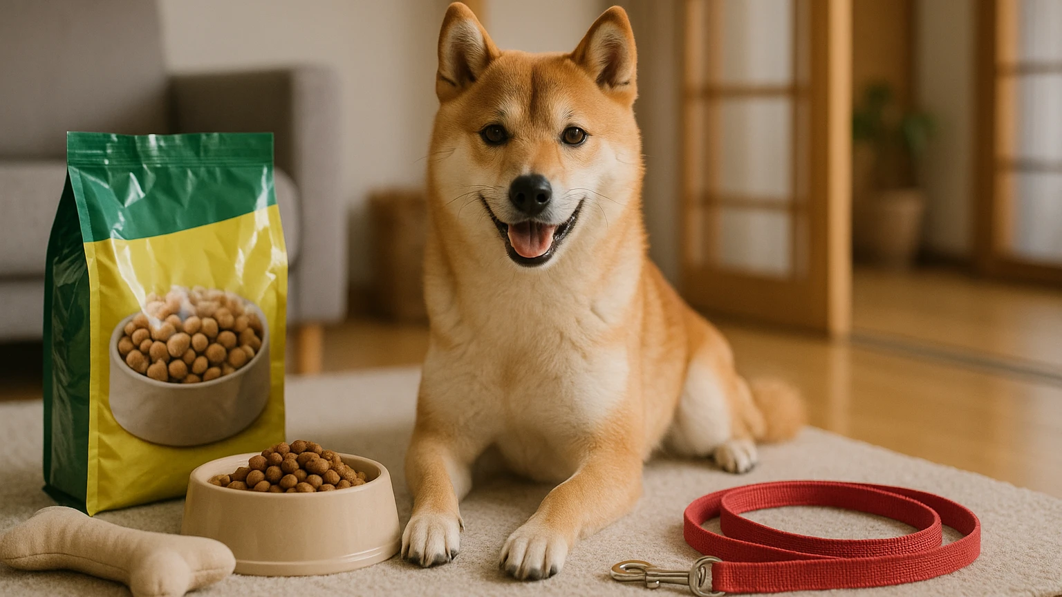 イオンで揃える柴犬のペット用品を徹底解説に合わせたアイキャッチ。柴犬とペット用品の利用シーンを表現。 要点：柴犬を飼う際に必要なペット用品を把握することは、快適