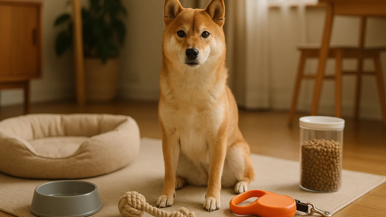 ミミクリーペットを柴犬に取り扱うための基本ガイドに合わせたアイキャッチ。柴犬とペット用品の利用シーンを表現。 要点：ミミクリーペットは、柴犬に特化したペットの取