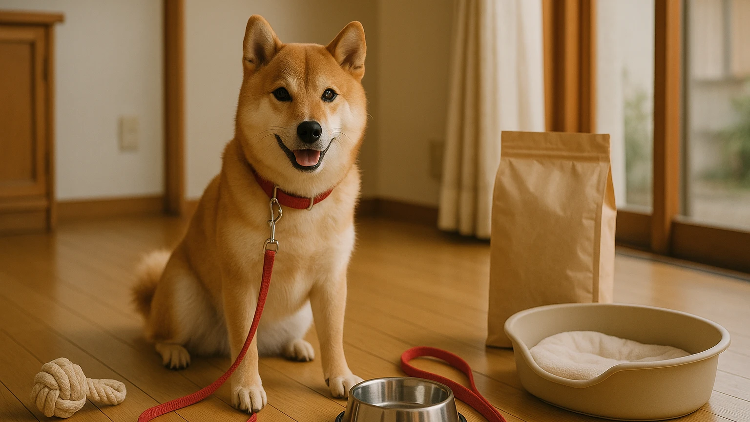 マルエスで柴犬を購入するためのステップガイドに合わせたアイキャッチ。柴犬とペット用品の利用シーンを表現。 要点：柴犬は日本の伝統的な犬種で、特有の性格や外見があ