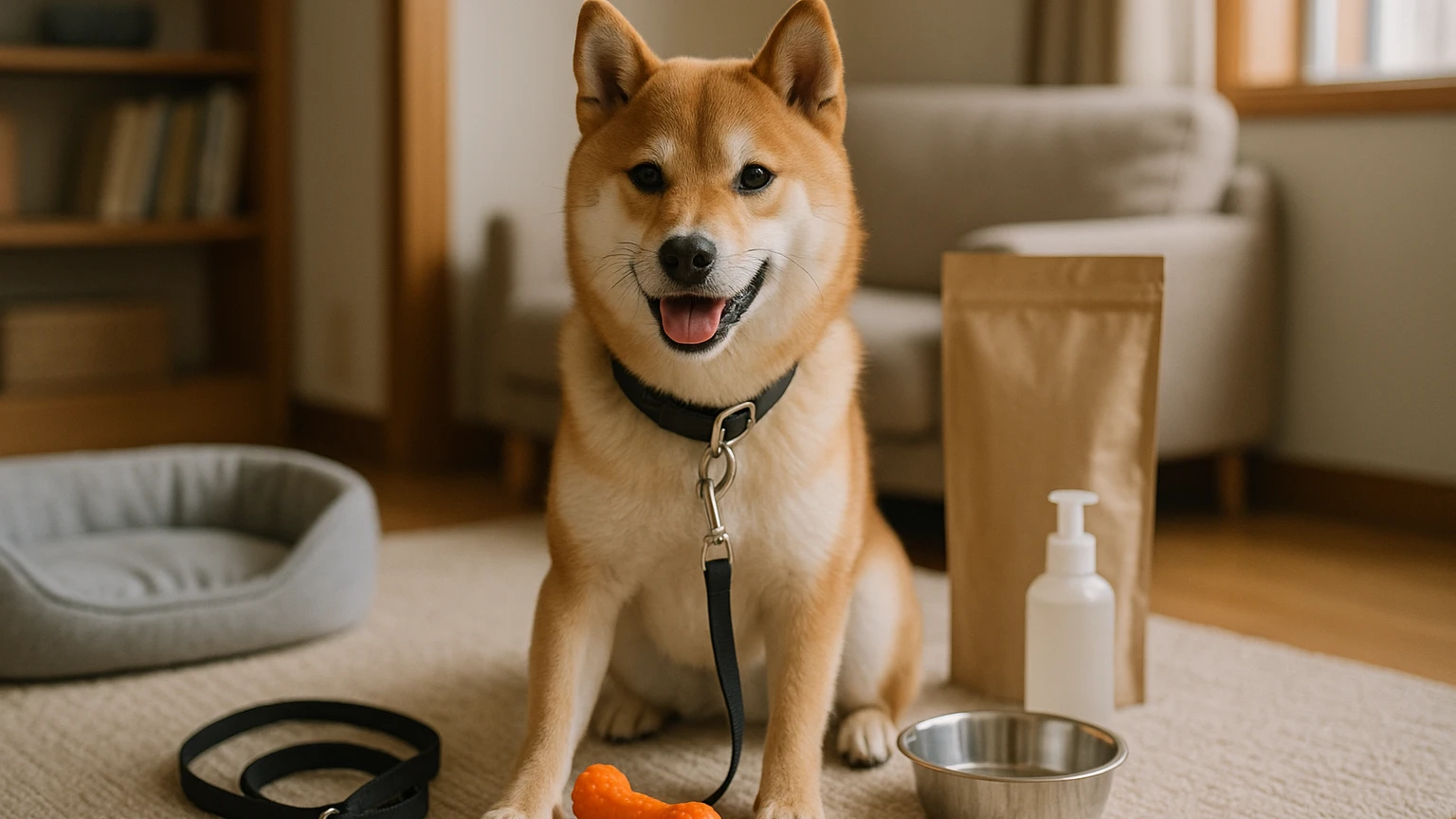 ジュエルペットサービスを利用して柴犬を幸せにする方法に合わせたアイキャッチ。柴犬とペット用品の利用シーンを表現。 要点：ジュエルペットサービスは、ペットの健康と