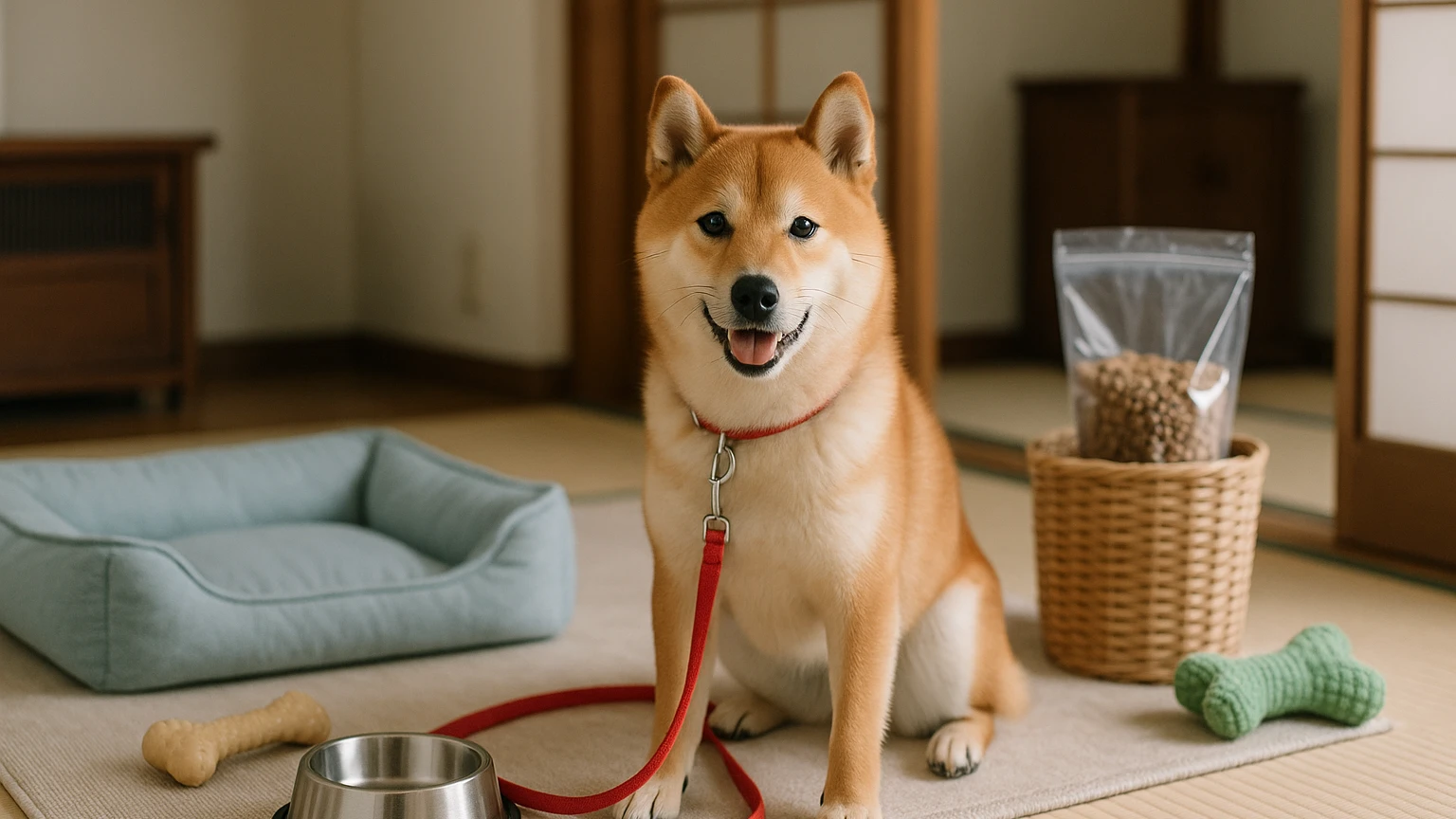 コジマのペットショップで柴犬を迎えるための手引きに合わせたアイキャッチ。柴犬とペット用品の利用シーンを表現。 要点：コジマでは、柴犬を購入する際に多様なサービス