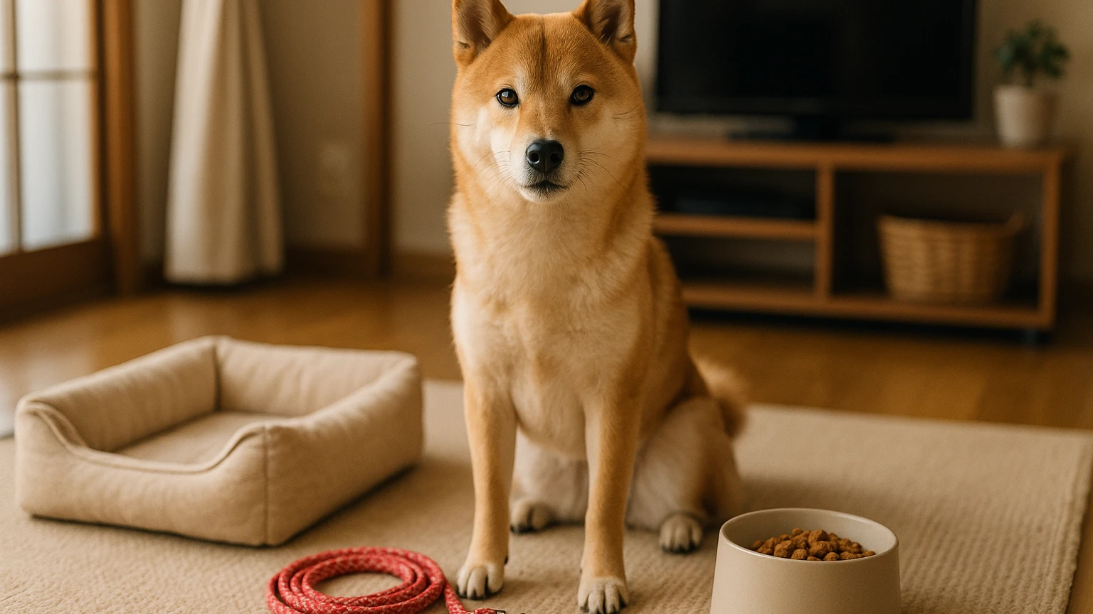 柴犬を飼うための基本的な知識と準備についてに合わせたアイキャッチ。柴犬とペット用品の利用シーンを表現。 要点：柴犬はその愛らしい外見と独特の性格で、多くの人々に