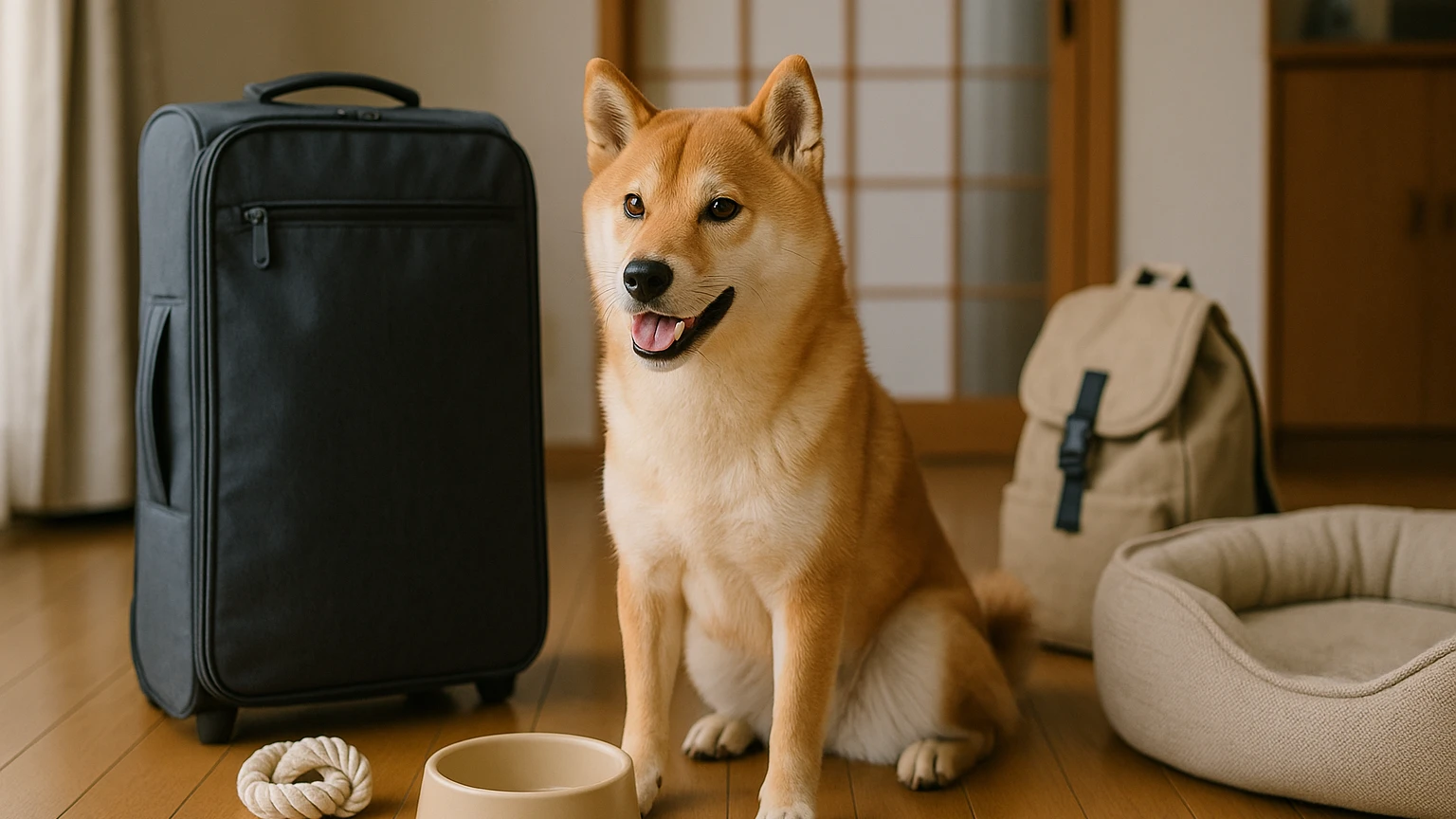 柴犬と一緒に楽しむ旅行におすすめのスポットを紹介しますに合わせたアイキャッチ。柴犬とペット用品の利用シーンを表現。 要点：柴犬と一緒に旅行する際には、犬が楽しめ