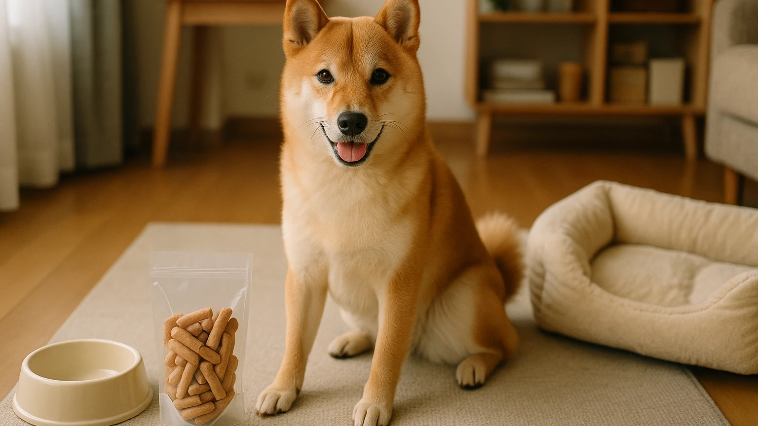 柴犬におすすめの人気おやつを選ぶ方法についてに合わせたアイキャッチ。柴犬とペット用品の利用シーンを表現。 要点：柴犬に適したおやつは、栄養バランスやアレルギーへ