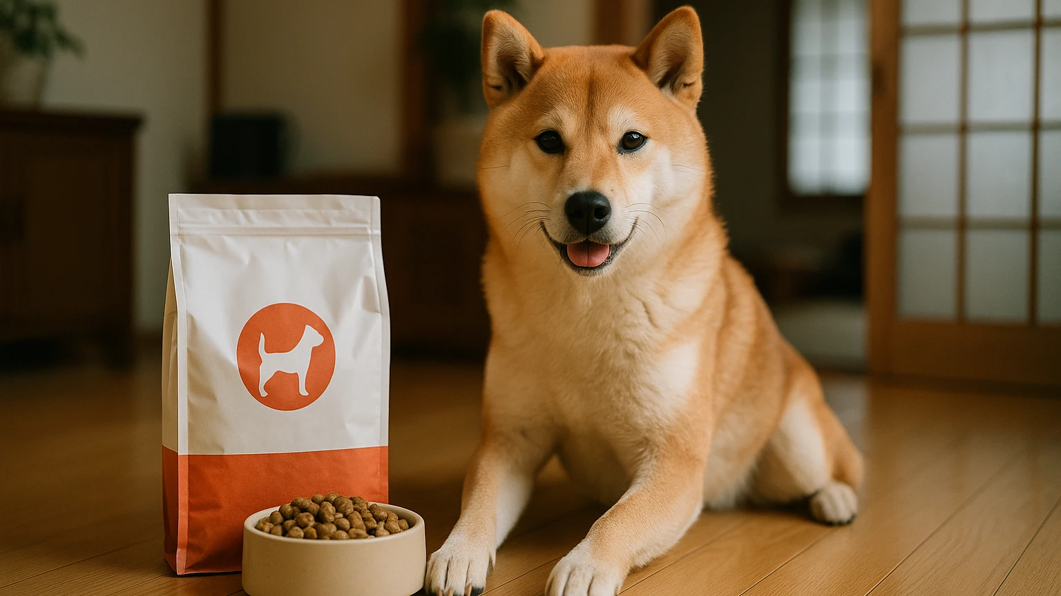 マルエスのペットフードで柴犬に最適なおすすめを紹介しますに合わせたアイキャッチ。柴犬とペットフードの利用シーンを表現。 要点：マルエスペットフードは、柴犬の健康