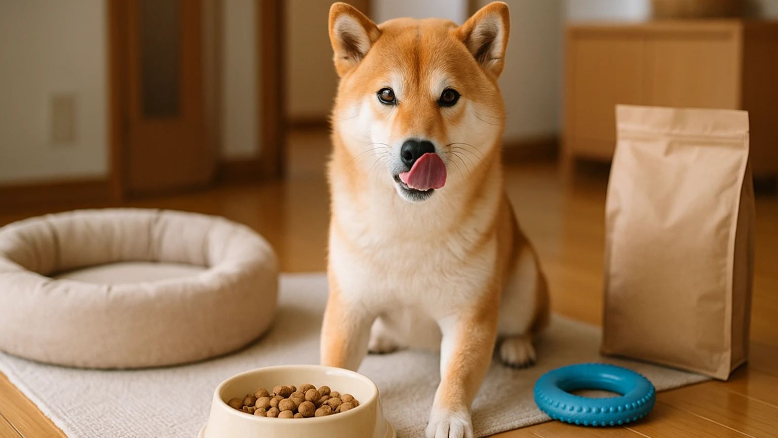 ペットショップで柴犬を購入するための完全ガイドに合わせたアイキャッチ。柴犬とペット用品の利用シーンを表現。 要点：柴犬を購入する際には、まずその特徴や性格、価格