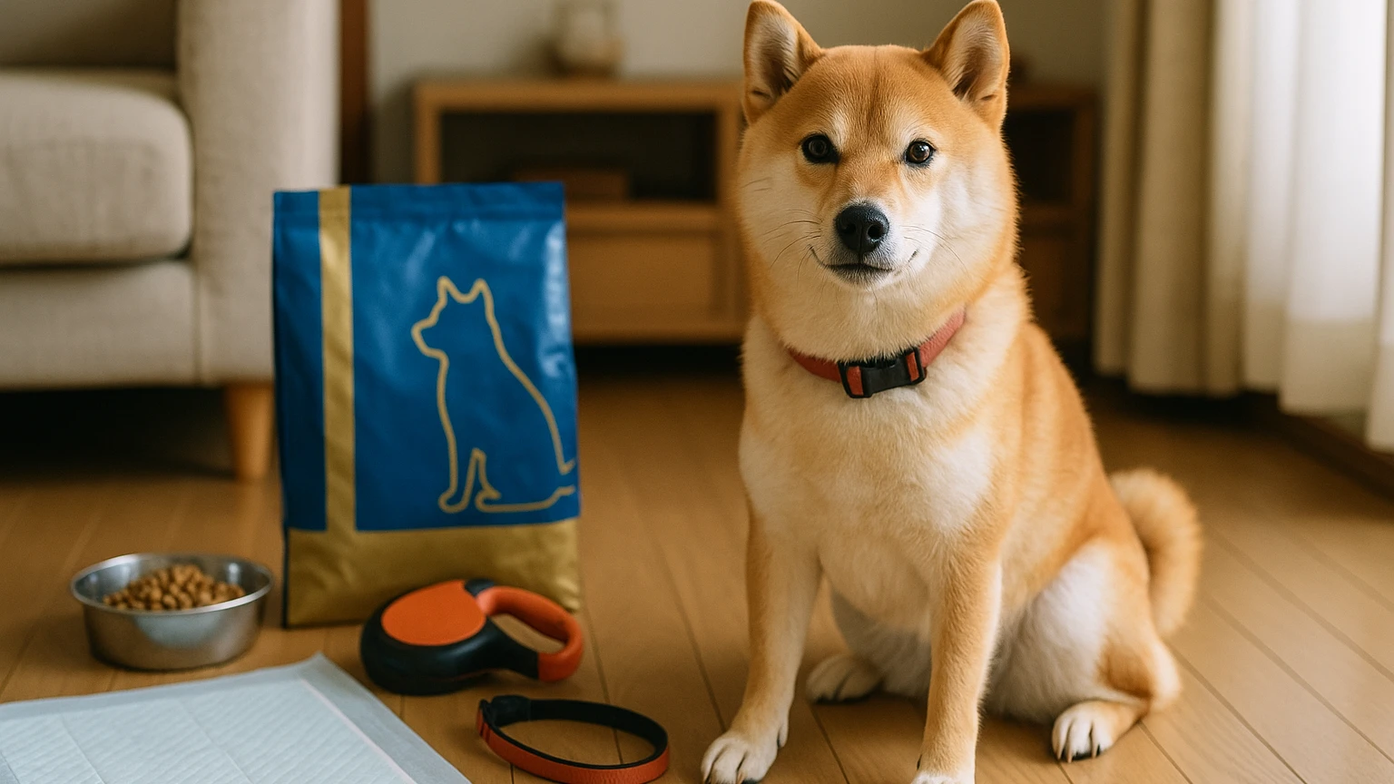 ユニチャームのペットグッズで柴犬をもっと幸せにする方法に合わせたアイキャッチ。柴犬とペット用品の利用シーンを表現。 要点：ユニチャームのペットグッズは、柴犬の特