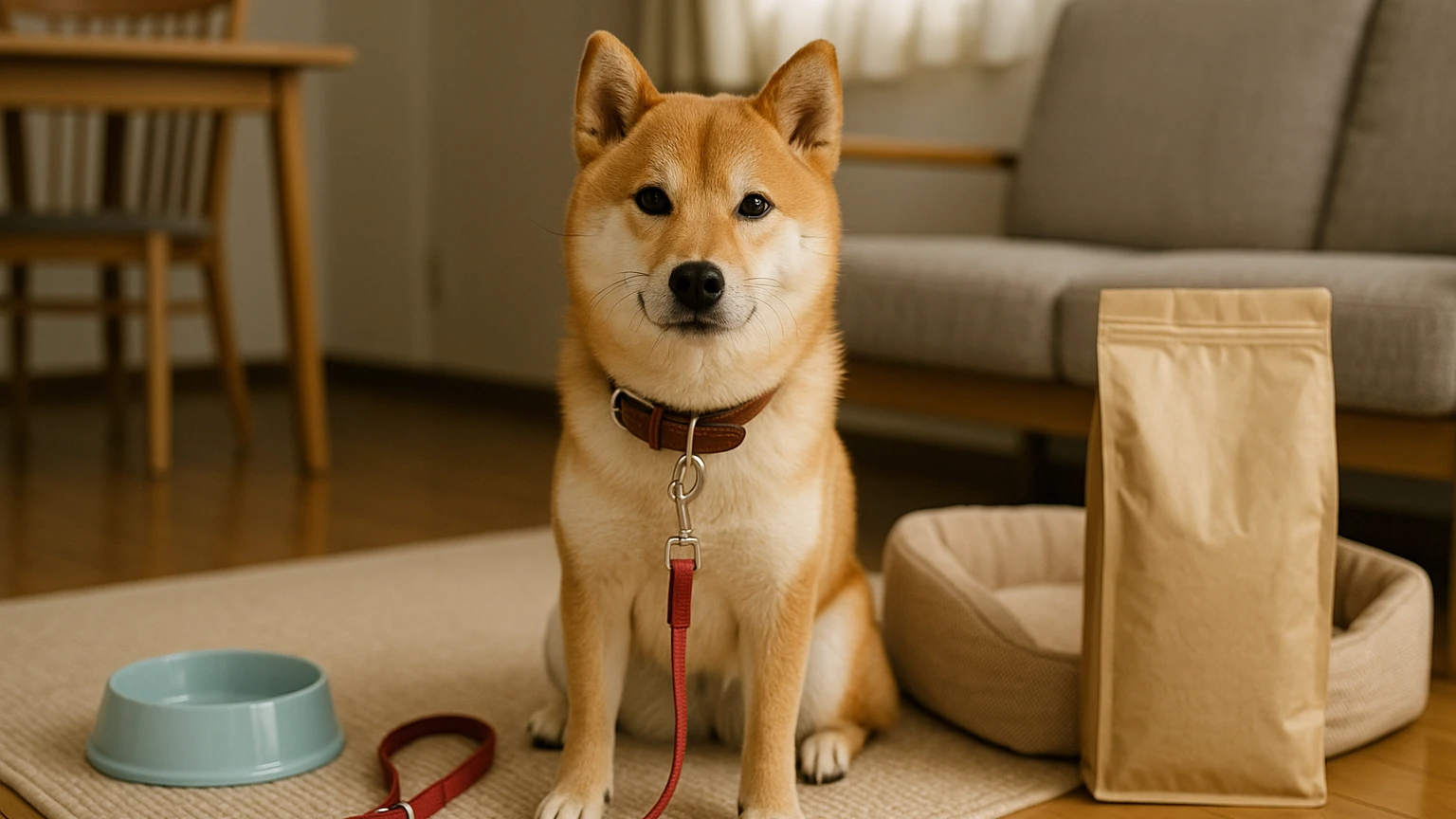 ミミクリーペットとしての柴犬の飼い方を学ぶためのガイドに合わせたアイキャッチ。柴犬とペット用品の利用シーンを表現。 要点：柴犬はその愛らしい外見とユニークな性格