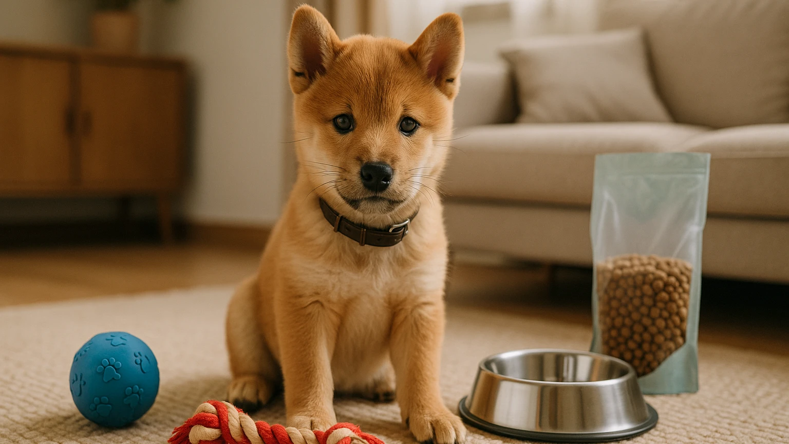 柴犬の子犬をしつけるための方法とはに合わせたアイキャッチ。柴犬とペット用品の利用シーンを表現。 要点：柴犬の子犬をしつけるためには、その性格や必要な道具、環境を