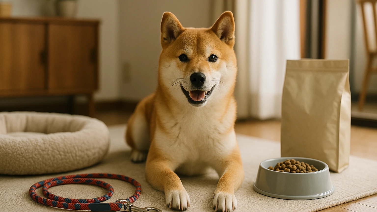 パーフェクトなペットとしての柴犬の魅力と飼い方に合わせたアイキャッチ。柴犬とペット用品の利用シーンを表現。 要点：柴犬は日本の古い犬種で、独特の性格と美しい体型