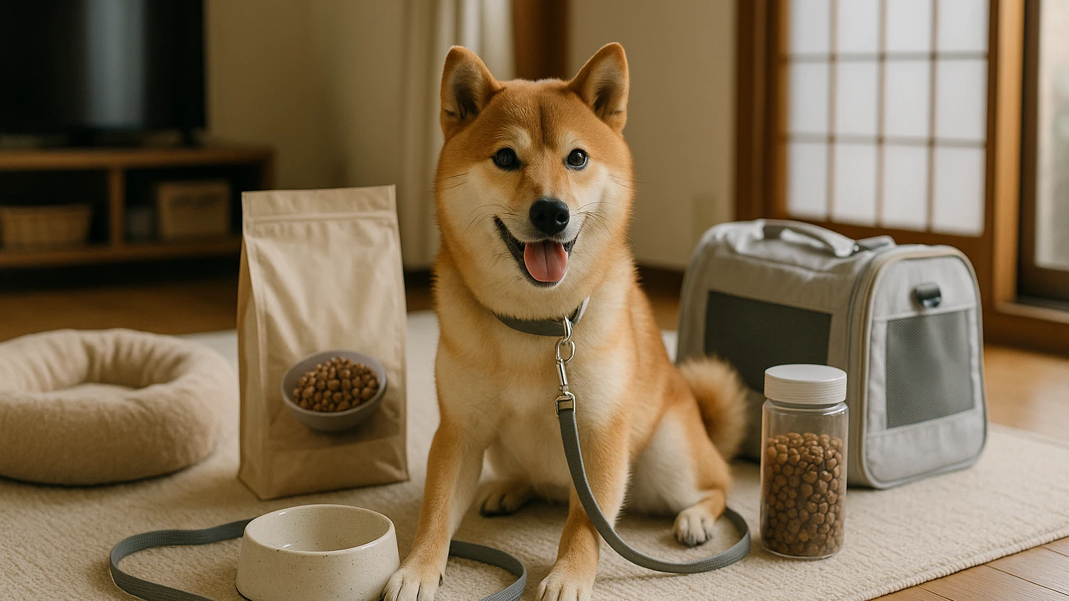 カインズで柴犬を迎えるための準備とポイントに合わせたアイキャッチ。柴犬とペット用品の利用シーンを表現。 要点：カインズで柴犬を飼う際には、まず基本的な情報を把握