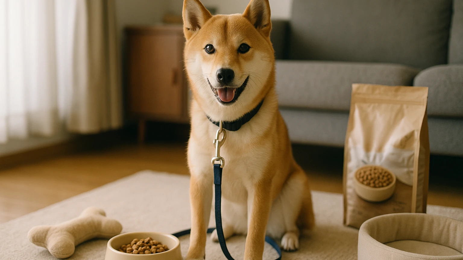 コジマのペットサービスを利用して柴犬を飼う方法に合わせたアイキャッチ。柴犬とペット用品の利用シーンを表現。 要点：コジマのペットサービスは、ペットを迎えるための