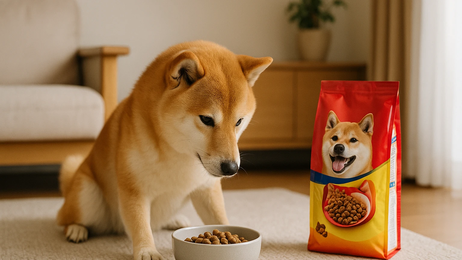 ユニ・チャームペットが提供する柴犬向け製品の魅力に合わせたアイキャッチ。柴犬とペットフードの利用シーンを表現。 要点：ユニ・チャームペットは、ペットの健康と幸せ