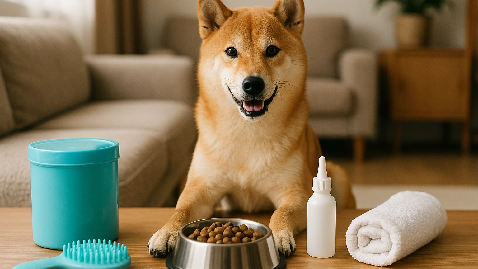 柴犬の健康管理方法を初心者向けに解説しますに合わせたアイキャッチ。柴犬とペット用品の利用シーンを表現。 要点：柴犬の健康管理は、愛犬の長寿と快適な生活を送るため