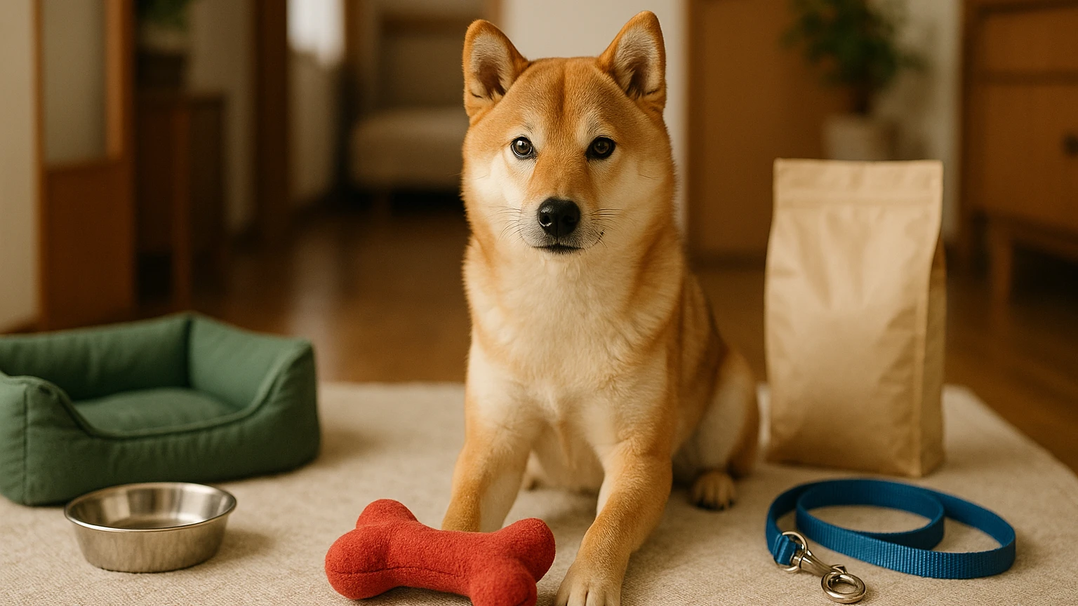 パーフェクトなペットショップで柴犬を見つける方法に合わせたアイキャッチ。柴犬とペット用品の利用シーンを表現。 要点：パーフェクトなペットショップは、信頼性が高く