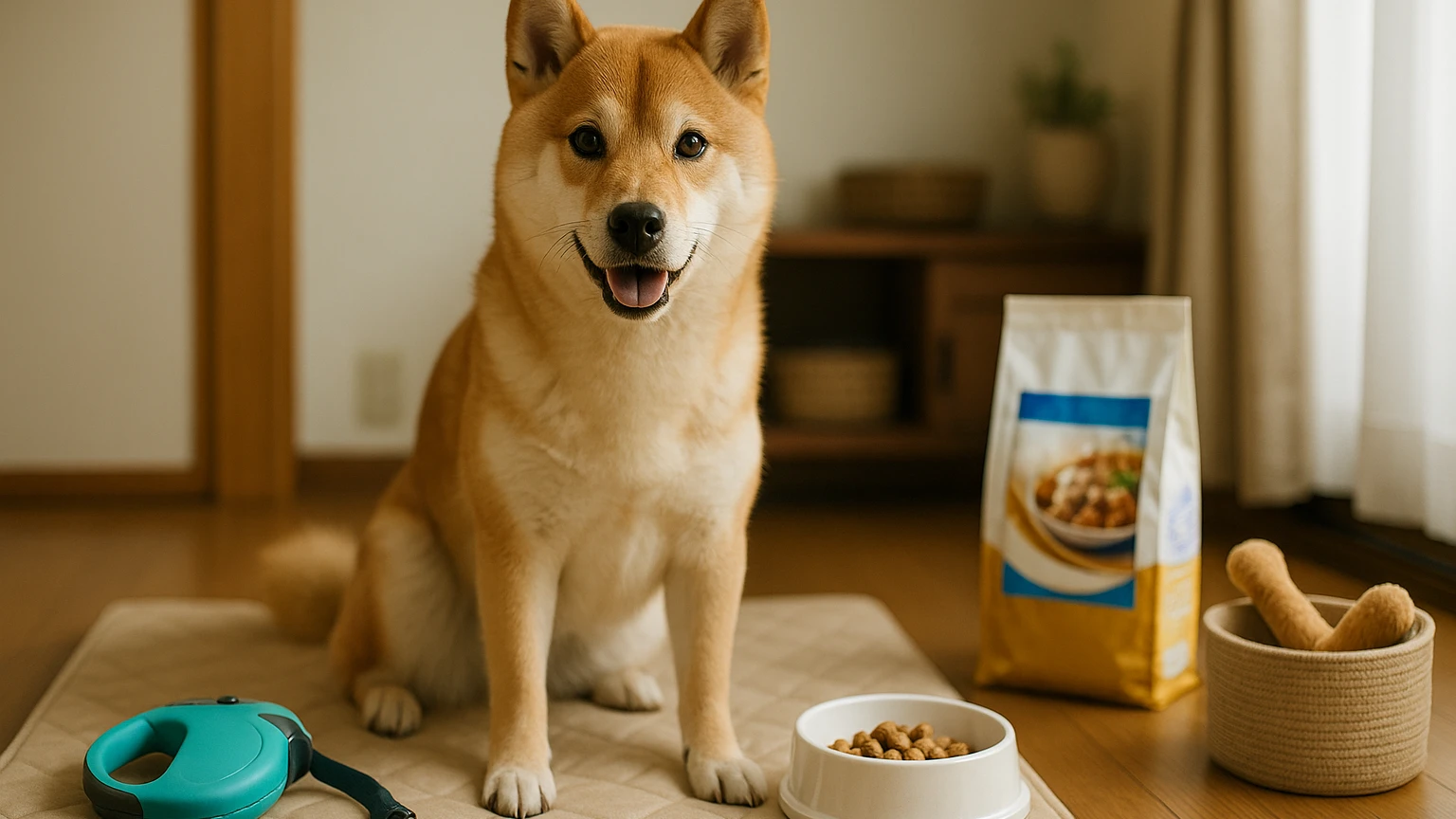 ユニチャームが提供する柴犬のペットショップについて知ろうに合わせたアイキャッチ。柴犬とペット用品の利用シーンを表現。 要点：ユニチャームの柴犬ペットショップでは