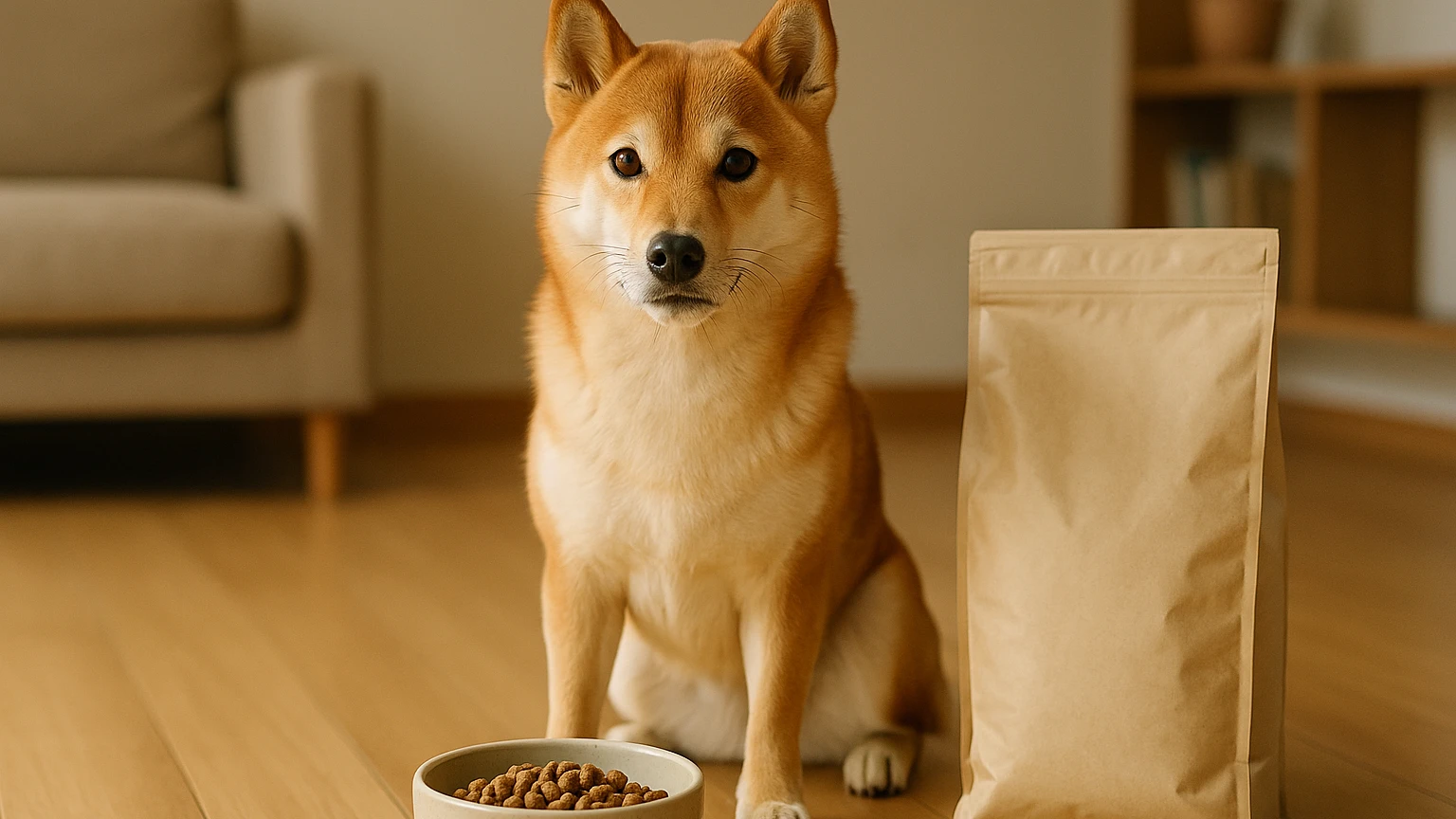 柴犬におすすめのフードブランドを徹底解説しますに合わせたアイキャッチ。柴犬とペットフードの利用シーンを表現。 要点：柴犬に最適なフードを選ぶためには、年齢や体重