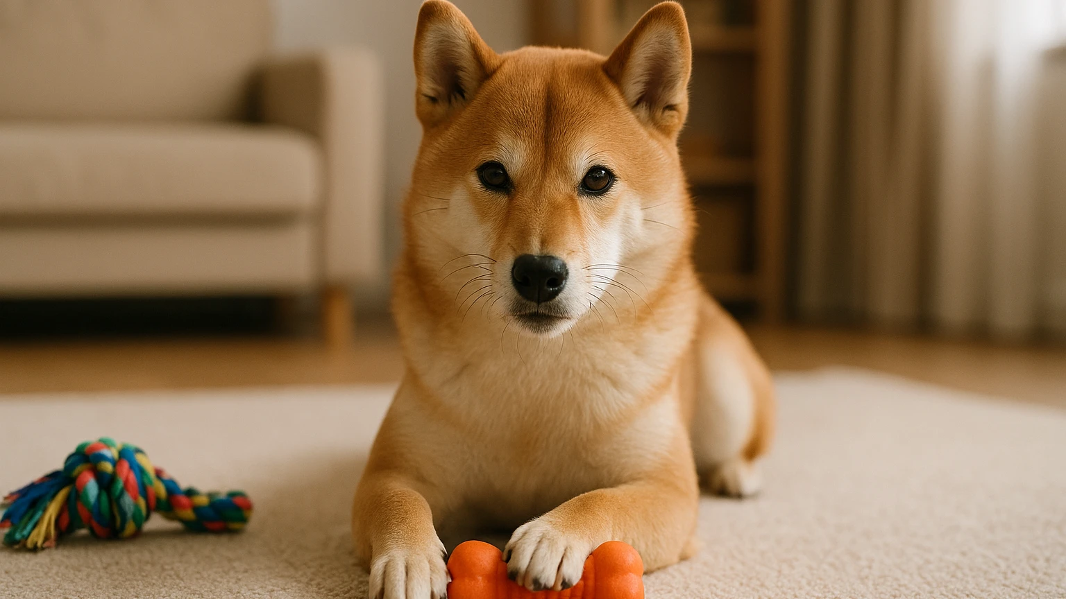 柴犬に最適なおもちゃの選び方を徹底解説に合わせたアイキャッチ。柴犬とおもちゃの利用シーンを表現。 要点：柴犬にとっておもちゃは、遊びだけでなく、心身の健康を保つ