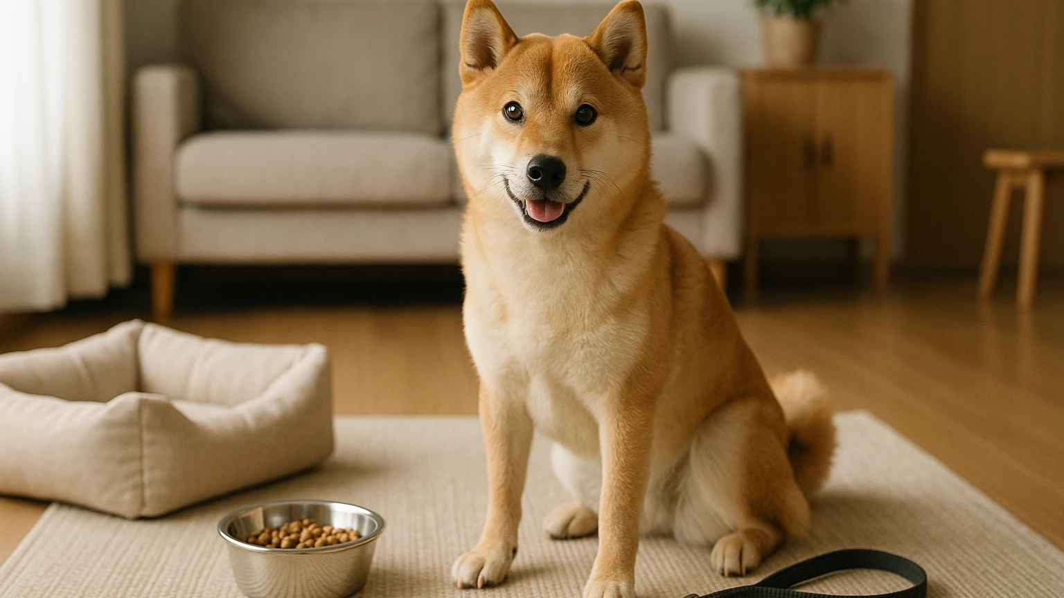 ジュエルペットと柴犬の魅力を知ろうに合わせたアイキャッチ。柴犬とペット用品の利用シーンを表現。 要点：ジュエルペットは、可愛らしいキャラクターで知られていますが