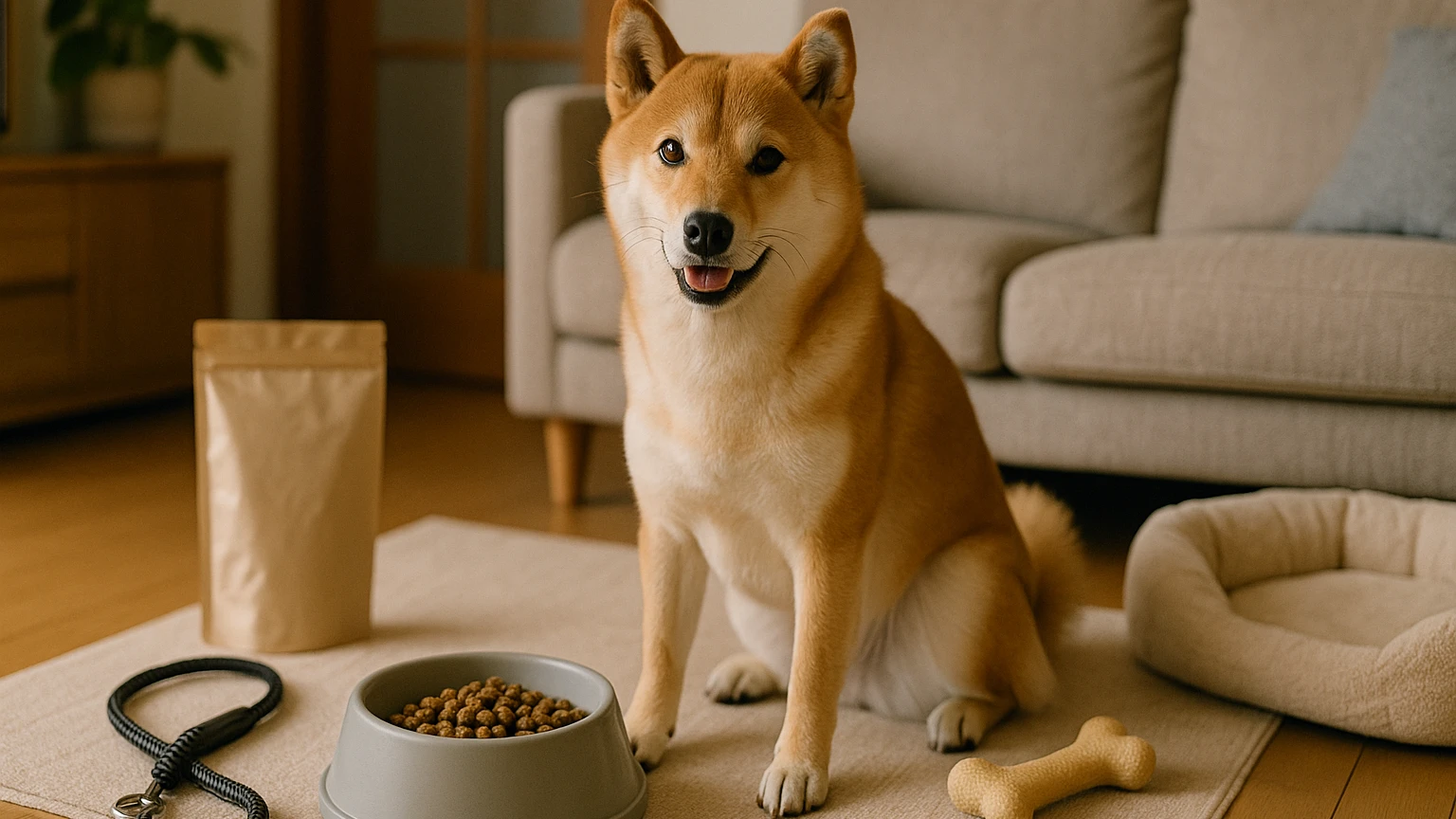 柴犬をペットとして飼うための基本知識と手順に合わせたアイキャッチ。柴犬とペット用品の利用シーンを表現。 要点：柴犬は日本の伝統的な犬種で、その独特な魅力と性格か