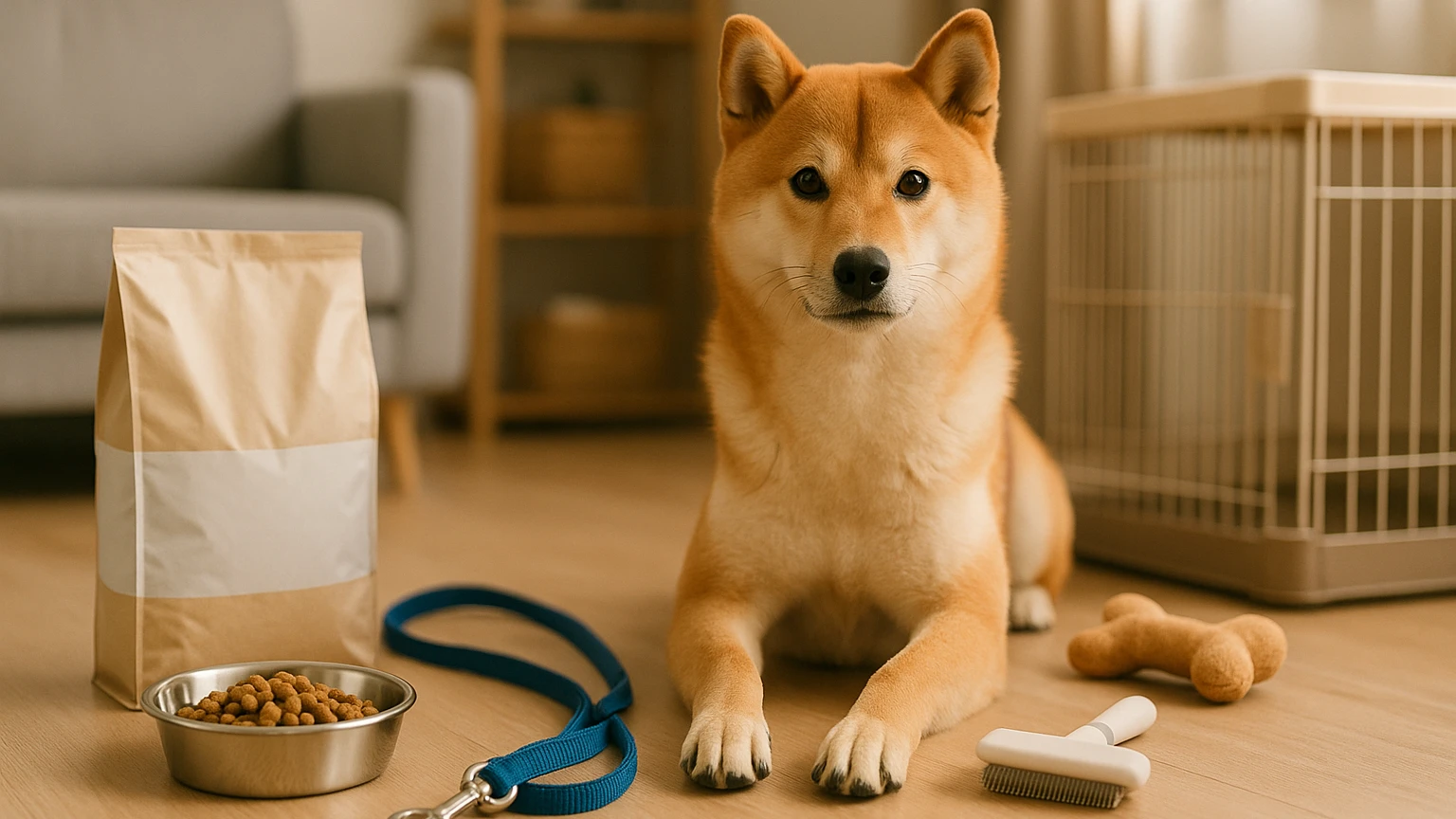 カインズで柴犬にぴったりのペットグッズを見つける方法に合わせたアイキャッチ。柴犬とペット用品の利用シーンを表現。 要点：カインズでは、柴犬に特化した多様なペット