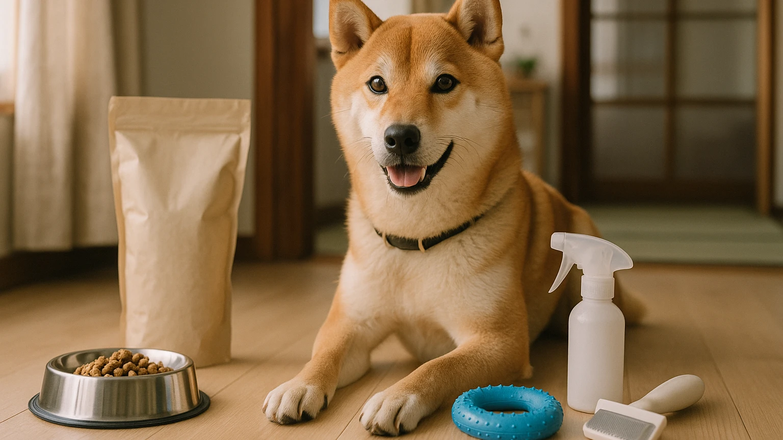 柴犬の健康管理方法を初心者向けに解説しますに合わせたアイキャッチ。柴犬とペット用品の利用シーンを表現。 要点：柴犬の健康管理は、愛犬が長く健康で幸せに過ごすため