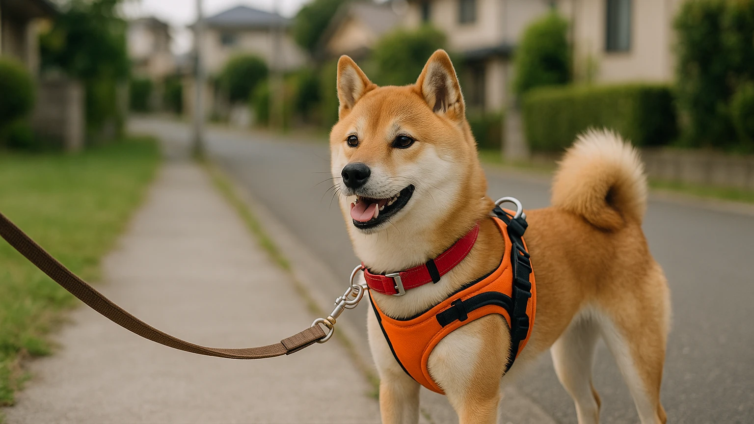 柴犬の散歩に最適なルートをおすすめする方法に合わせたアイキャッチ。柴犬と首輪・ハーネスの利用シーンを表現。 要点：柴犬の散歩ルートを選ぶ際は、その性格や安全性を