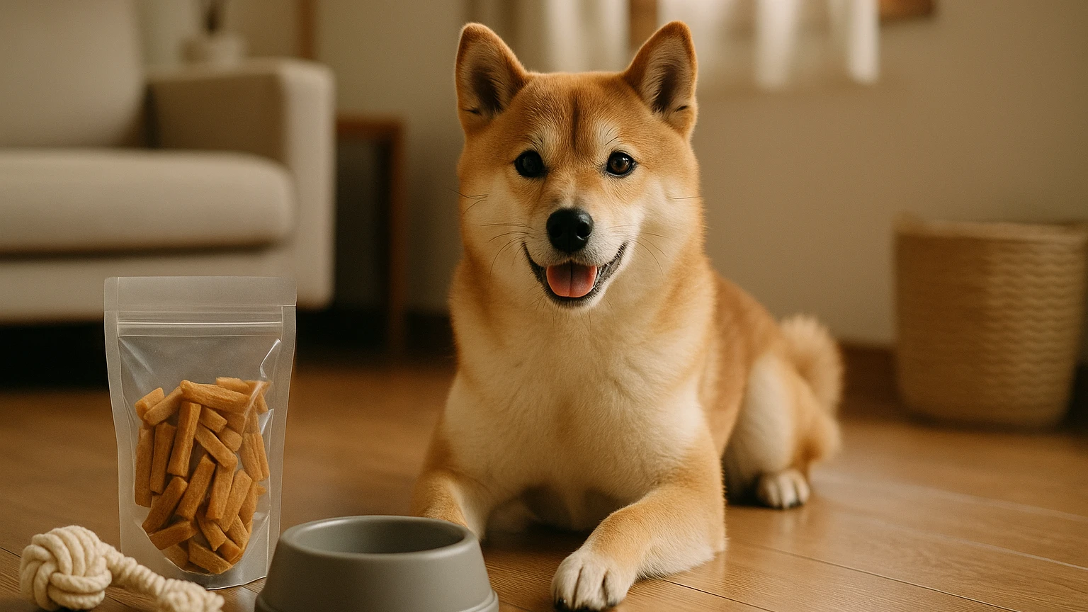 柴犬におすすめの人気おやつ商品を紹介しますに合わせたアイキャッチ。柴犬とペット用品の利用シーンを表現。 要点：柴犬におやつを与える際は、健康を最優先に考え、適切