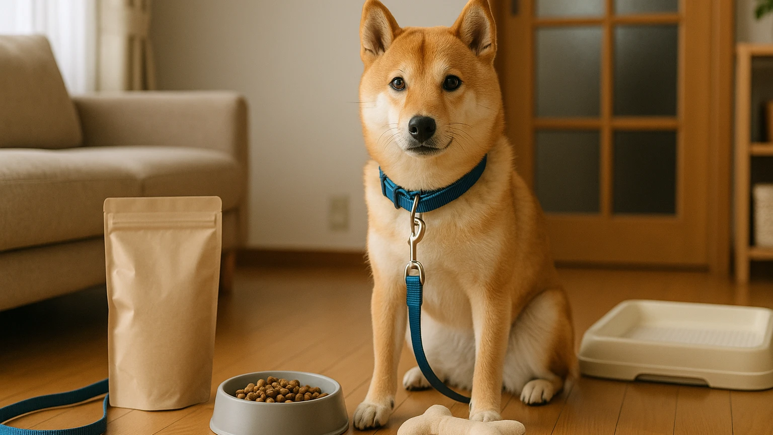カインズで柴犬のためのペット用品を選ぶ方法に合わせたアイキャッチ。柴犬とペット用品の利用シーンを表現。 要点：カインズでは、柴犬に特化したさまざまなペット用品が