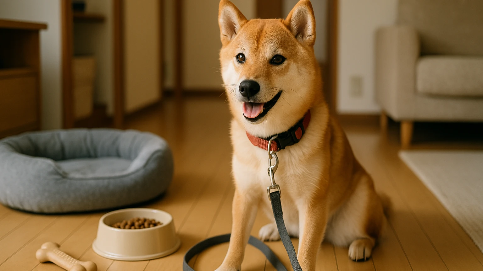 アイペットショップで柴犬を迎えるための完全ガイドに合わせたアイキャッチ。柴犬とペット用品の利用シーンを表現。 要点：アイペットショップで柴犬を迎える際には、ショ