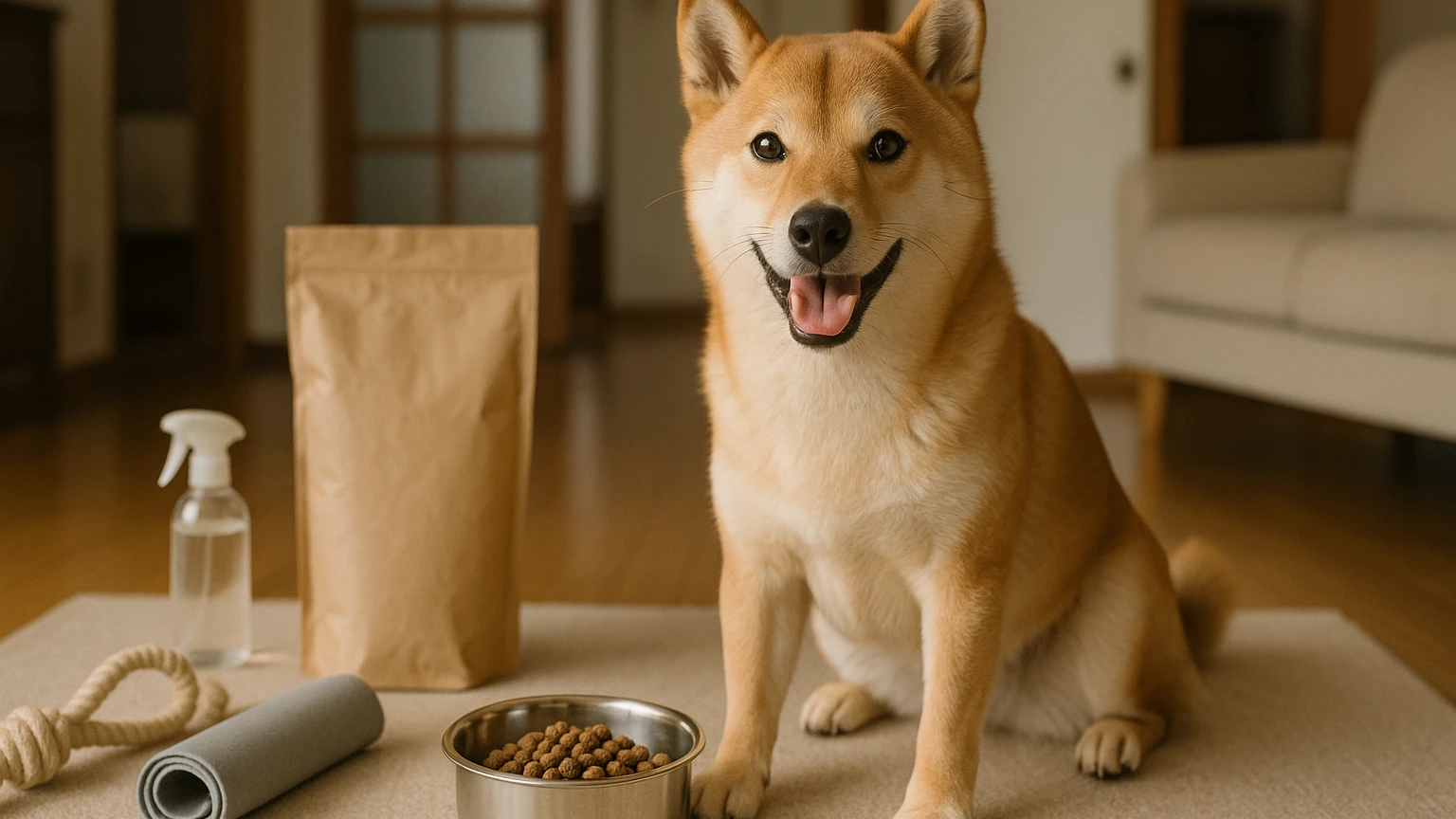 柴犬の食事管理方法を初心者向けに解説しますに合わせたアイキャッチ。柴犬とペット用品の利用シーンを表現。 要点：柴犬の食事管理は、健康を維持し、長生きさせるために