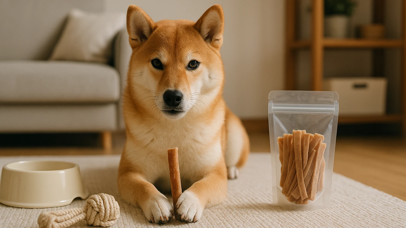 柴犬に人気のおやつを選ぶためのガイドに合わせたアイキャッチ。柴犬とペット用品の利用シーンを表現。 要点：柴犬にとっておやつは、単なるご褒美以上の重要な役割を果た