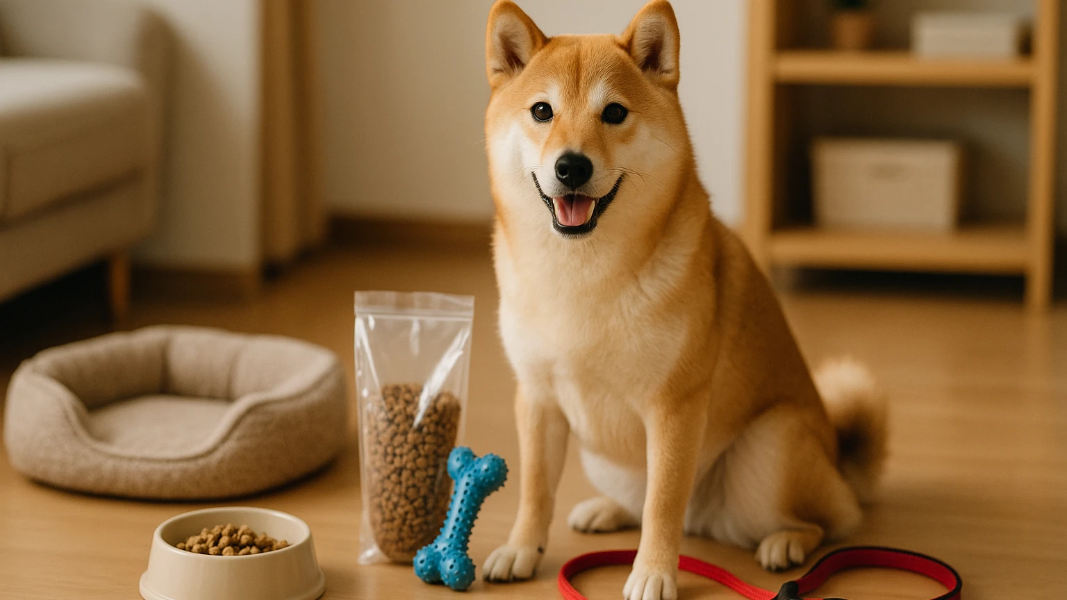 コジマで見つける柴犬のためのペットグッズに合わせたアイキャッチ。柴犬とペット用品の利用シーンを表現。 要点：コジマは柴犬に特化したペットグッズを豊富に取り揃えて