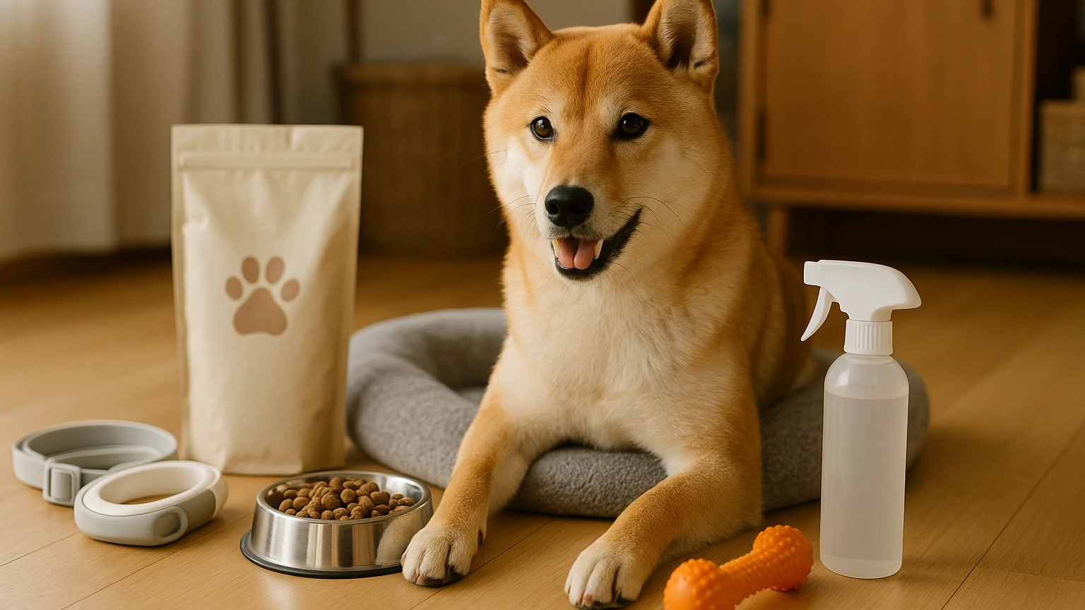 柴犬に最適なジュエルペットサービスを利用する方法に合わせたアイキャッチ。柴犬とペット用品の利用シーンを表現。 要点：ジュエルペットサービスは、ペットのケアやトレ