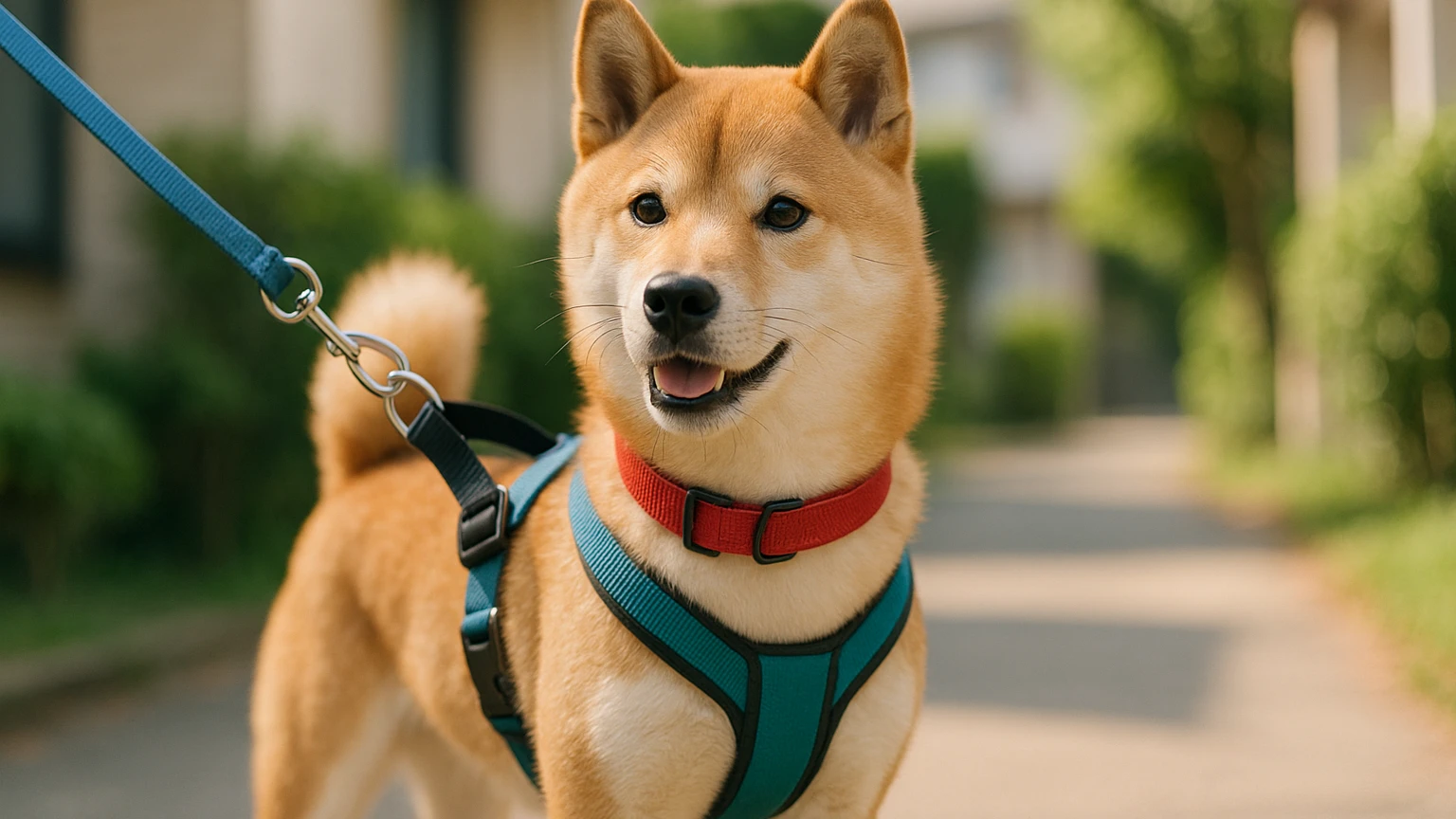 柴犬の散歩にかかる時間の目安を知ろうに合わせたアイキャッチ。柴犬と首輪・ハーネスの利用シーンを表現。 要点：柴犬にとって散歩は健康維持やストレス解消に欠かせない