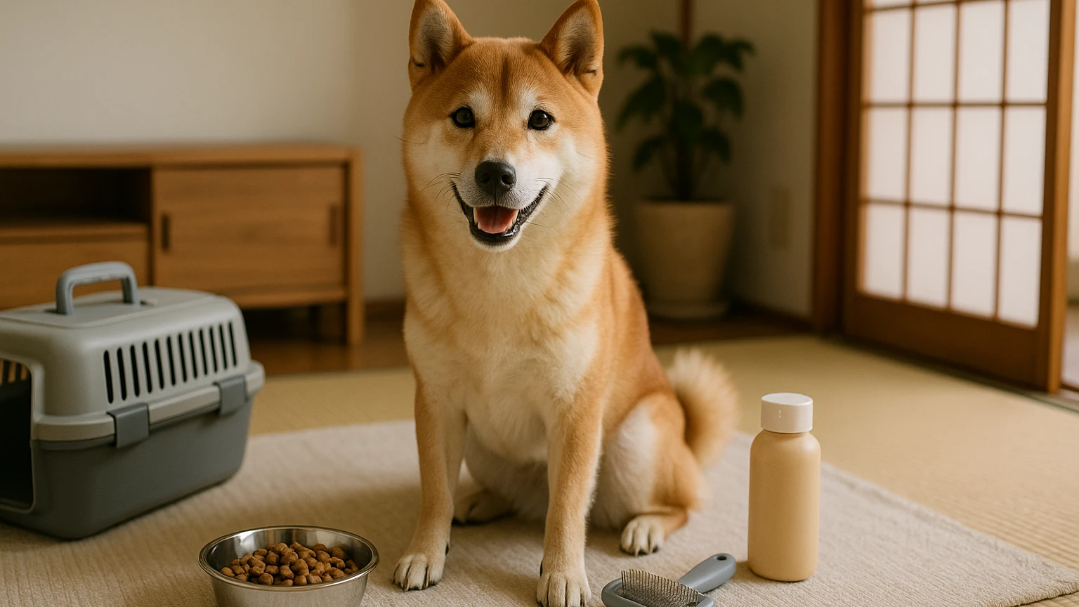 柴犬の健康管理がなぜ重要なのかを理解しように合わせたアイキャッチ。柴犬とペット用品の利用シーンを表現。 要点：柴犬の健康管理は、犬の寿命や生活の質に大きな影響を