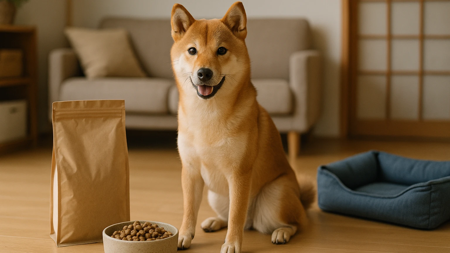 柴犬に最適な餌のおすすめブランドを知ろうに合わせたアイキャッチ。柴犬とペット用品の利用シーンを表現。 要点：柴犬に適した餌を選ぶ際には、いくつかの重要な特徴を理