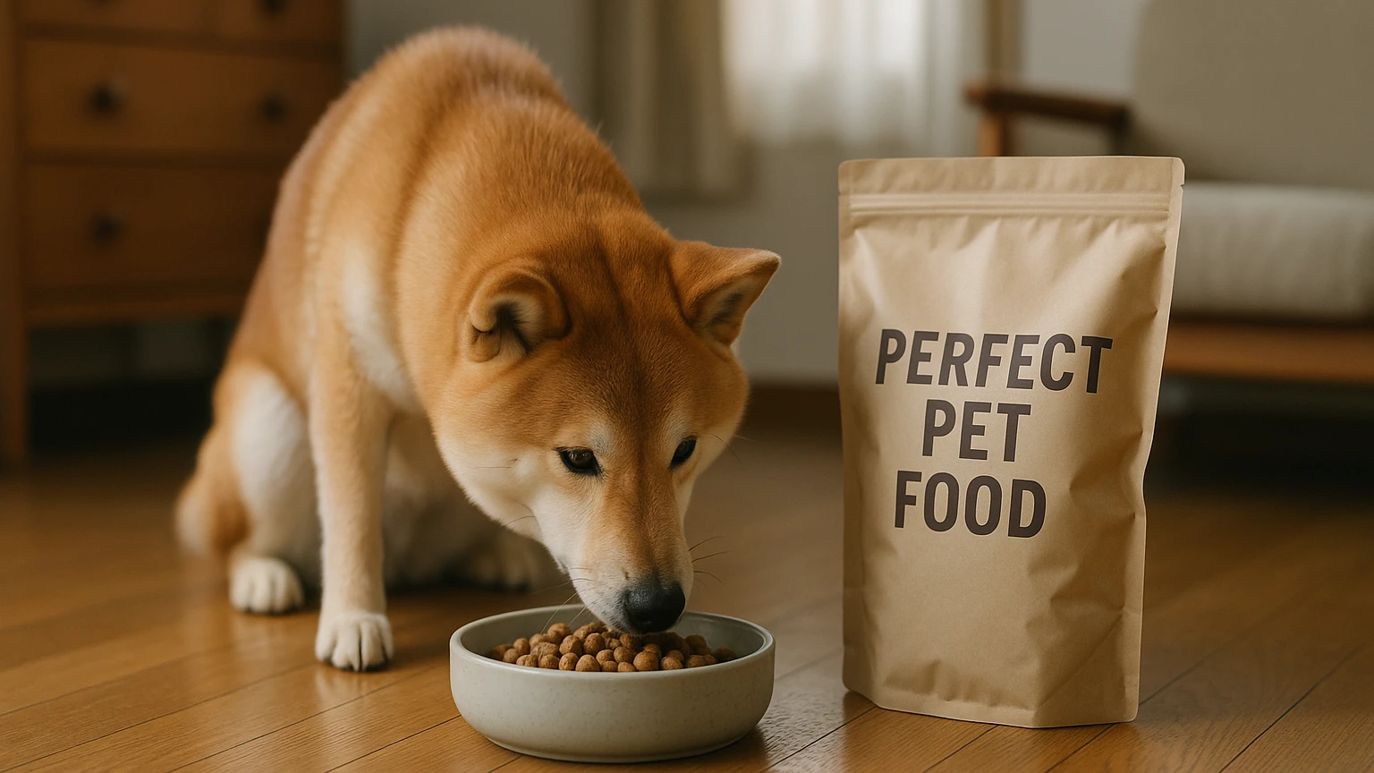 柴犬に最適なパーフェクトペットフードの選び方に合わせたアイキャッチ。柴犬とペットフードの利用シーンを表現。 要点：柴犬の健康を維持するために、適切なペットフード