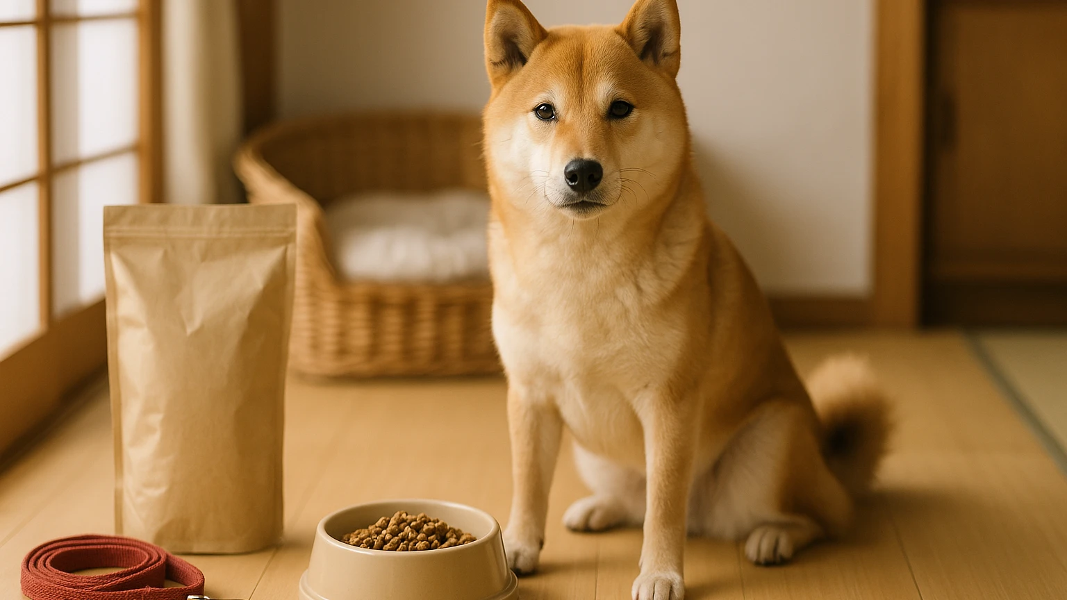 柴犬に最適な餌の選び方を初心者向けに解説しますに合わせたアイキャッチ。柴犬とペット用品の利用シーンを表現。 要点：柴犬の餌選びは、年齢や体重、健康状態に基づいて