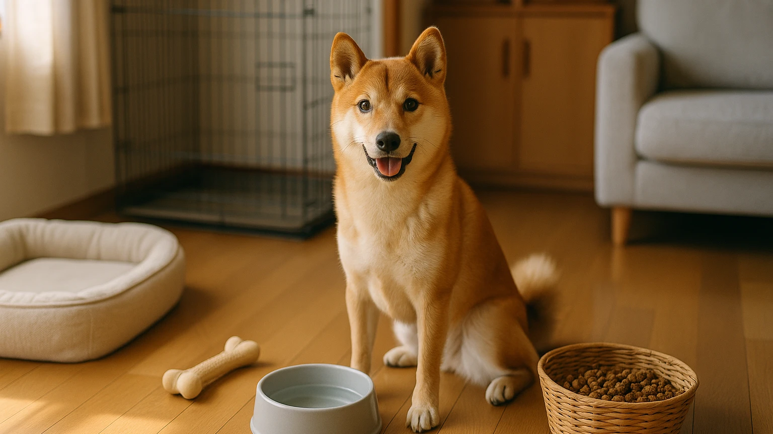 柴犬の生活環境を整えるための基本的なポイントに合わせたアイキャッチ。柴犬とペット用品の利用シーンを表現。 要点：柴犬は特有の性格を持ち、その性格に合った生活環境