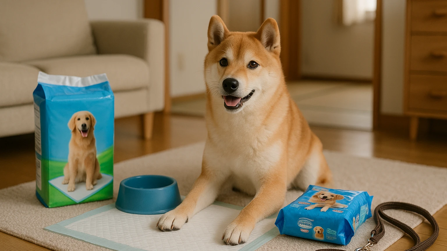 ユニチャームのペット用品を柴犬に活用する方法に合わせたアイキャッチ。柴犬とペット用品の利用シーンを表現。 要点：ユニチャームは、ペット用品業界で高い信頼性を誇る