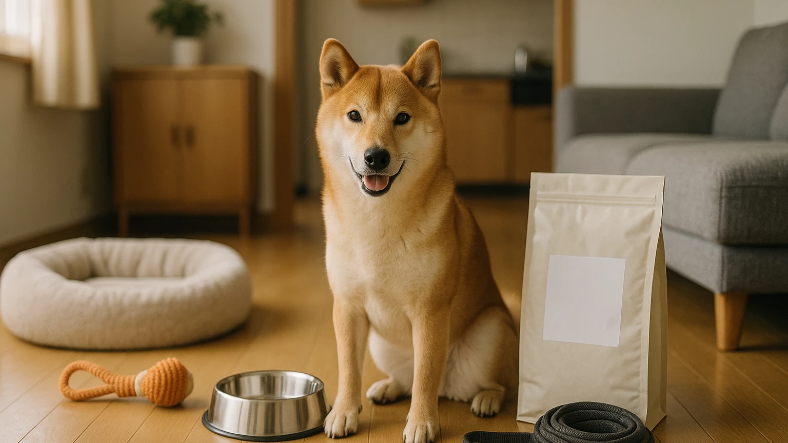 柴犬の飼い方とお手入れについて知っておくべきことに合わせたアイキャッチ。柴犬とペット用品の利用シーンを表現。 要点：柴犬は日本の犬種で、忠実で独立心が強い性格が