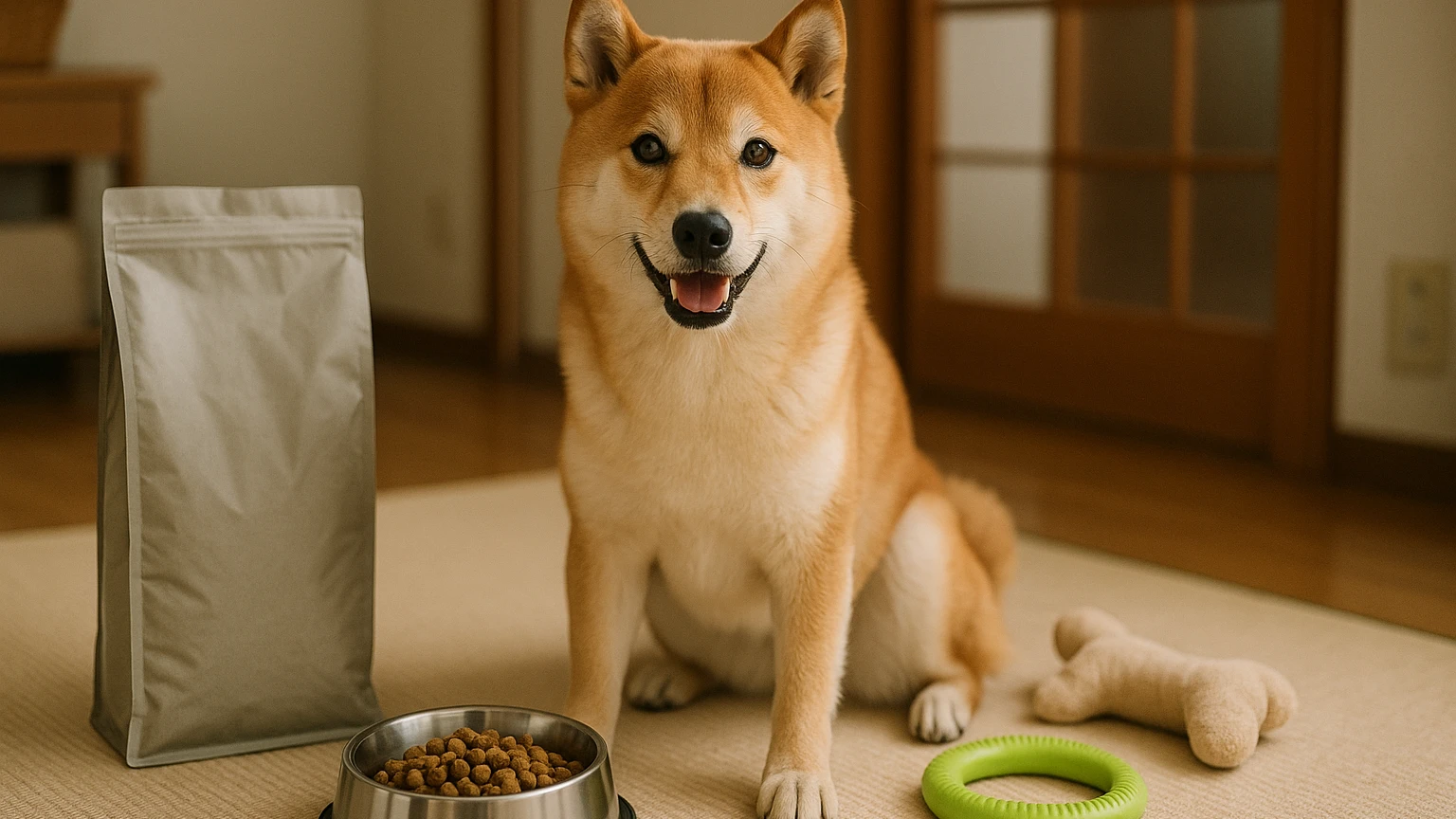 柴犬の健康管理と食事について知っておくべきことに合わせたアイキャッチ。柴犬とペット用品の利用シーンを表現。 要点：柴犬の健康管理は、適切な食事と生活習慣の理解か