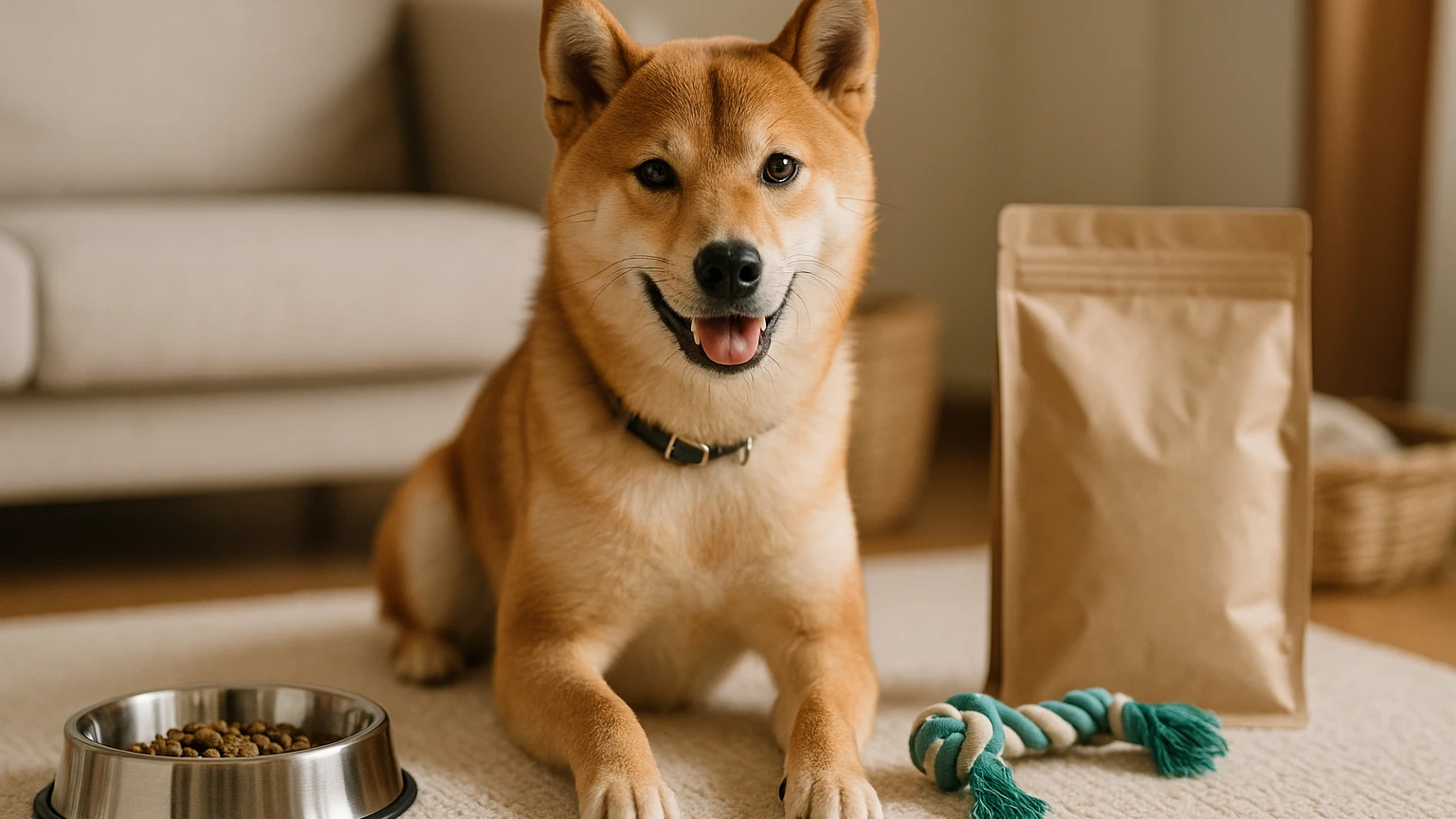 柴犬を飼うためのおすすめペットショップの選び方に合わせたアイキャッチ。柴犬とペット用品の利用シーンを表現。 要点：柴犬を迎える際、信頼できるペットショップの選択