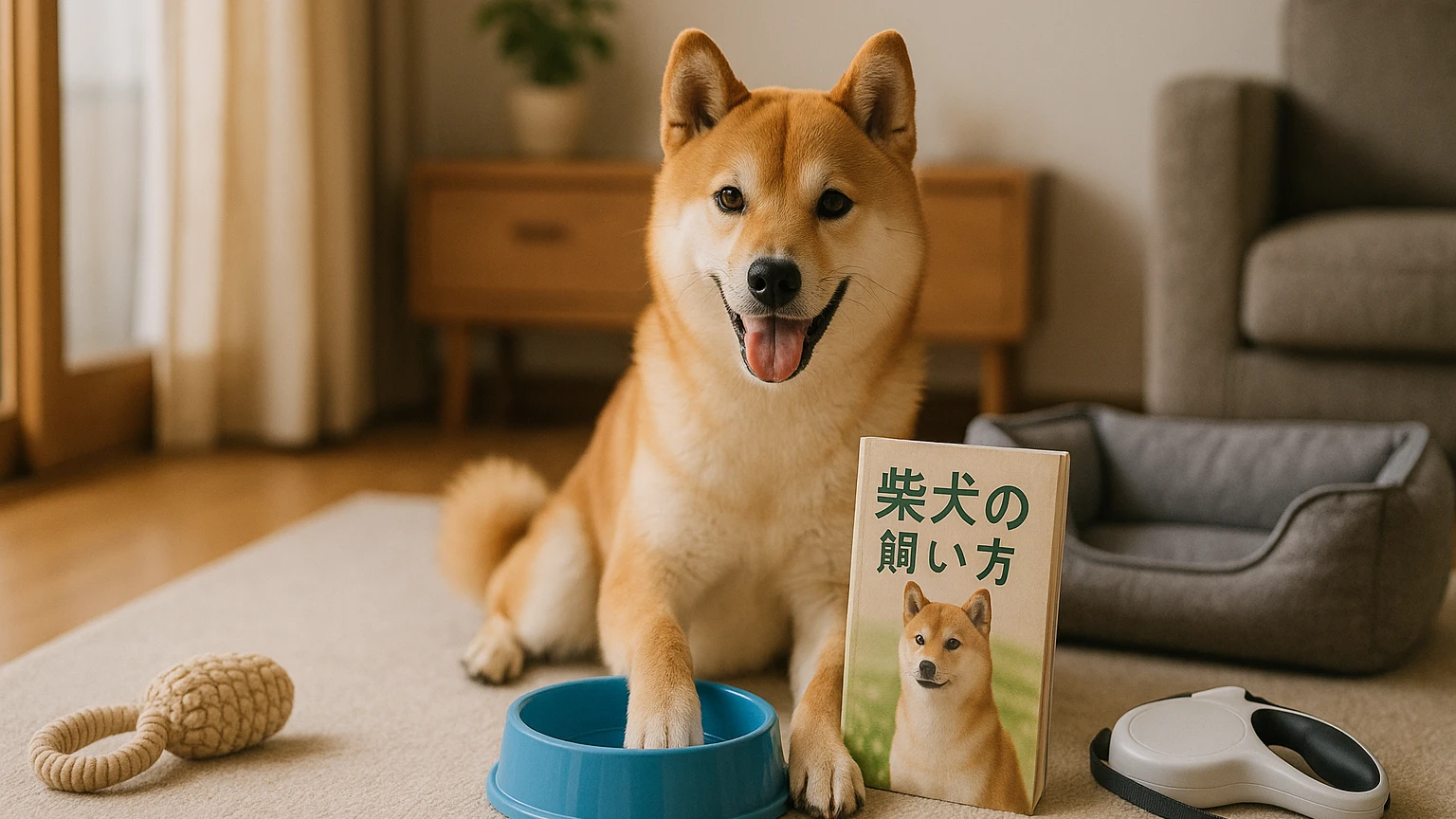 柴犬の飼い方におすすめの本を紹介しますに合わせたアイキャッチ。柴犬とペット用品の利用シーンを表現。 要点：柴犬を飼う際には、その特徴や性格を理解することが重要で