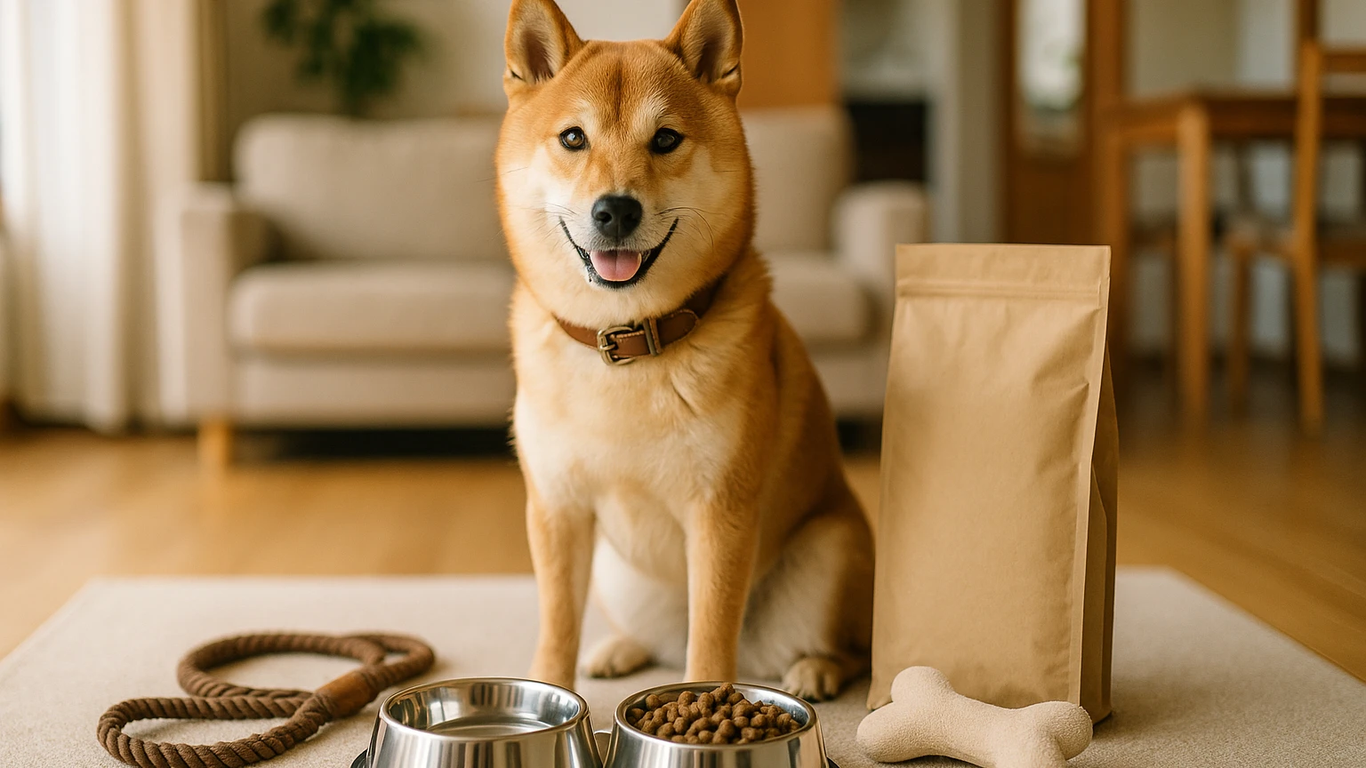 柴犬に最適なペットグッズのおすすめを紹介しますに合わせたアイキャッチ。柴犬とペット用品の利用シーンを表現。 要点：柴犬を飼う際には、彼らの特性や成長段階、健康を