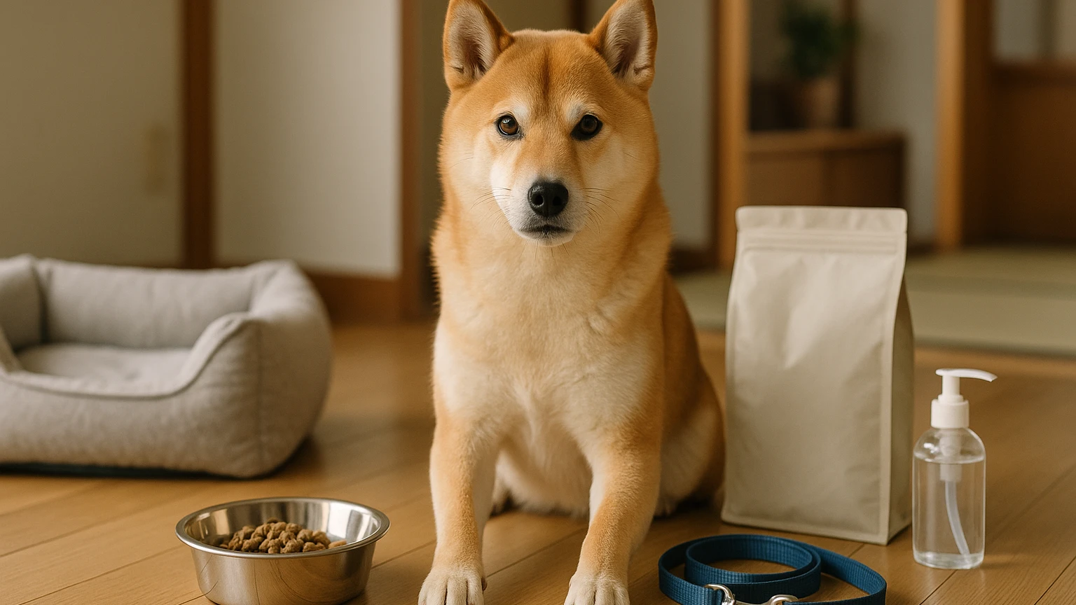 柴犬の健康管理における重要ポイントを理解しように合わせたアイキャッチ。柴犬とペット用品の利用シーンを表現。 要点：柴犬の健康管理は、愛犬が健康で幸せに過ごすため