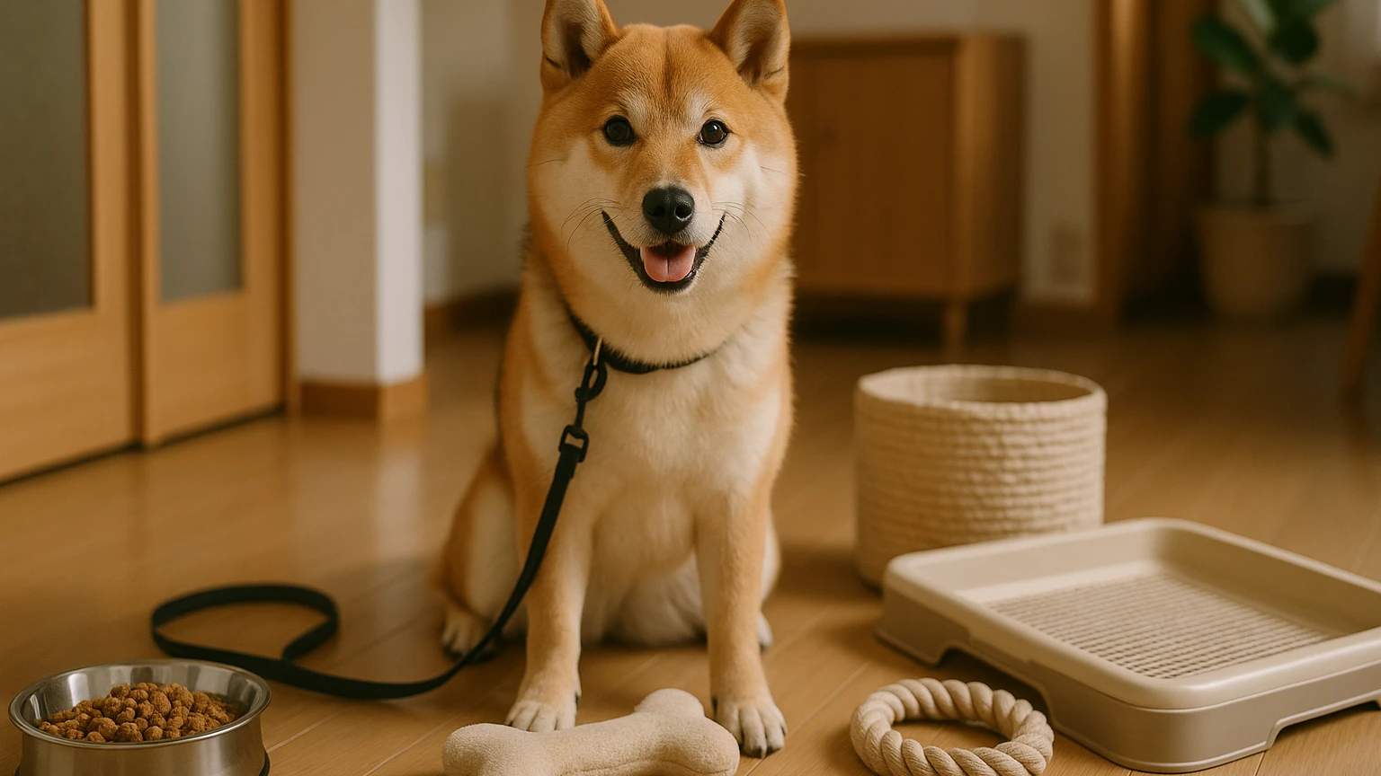 コジマで柴犬向けのペット用品を選ぶ方法に合わせたアイキャッチ。柴犬とペット用品の利用シーンを表現。 要点：コジマでは、柴犬向けの多様なペット用品が取り揃えられて